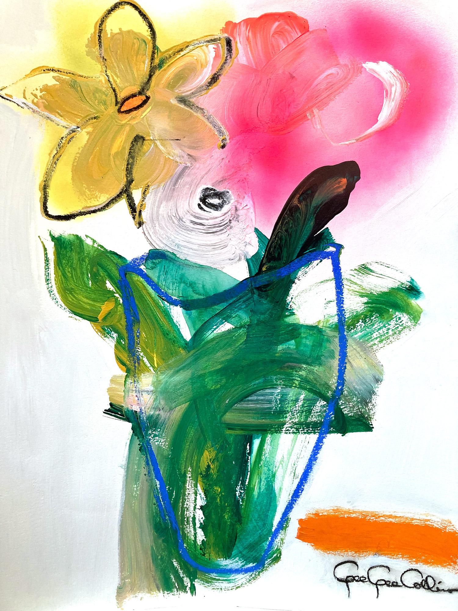 Gee Gee Collins Abstract Painting - "Yellow and Pink Florals" Colorful Abstract Still Life Painting on Paper