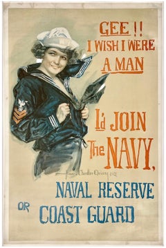 GEE I WISH I WERE A MAN I'D JOIN THE NAVY Original Vintage WWI World War Poster