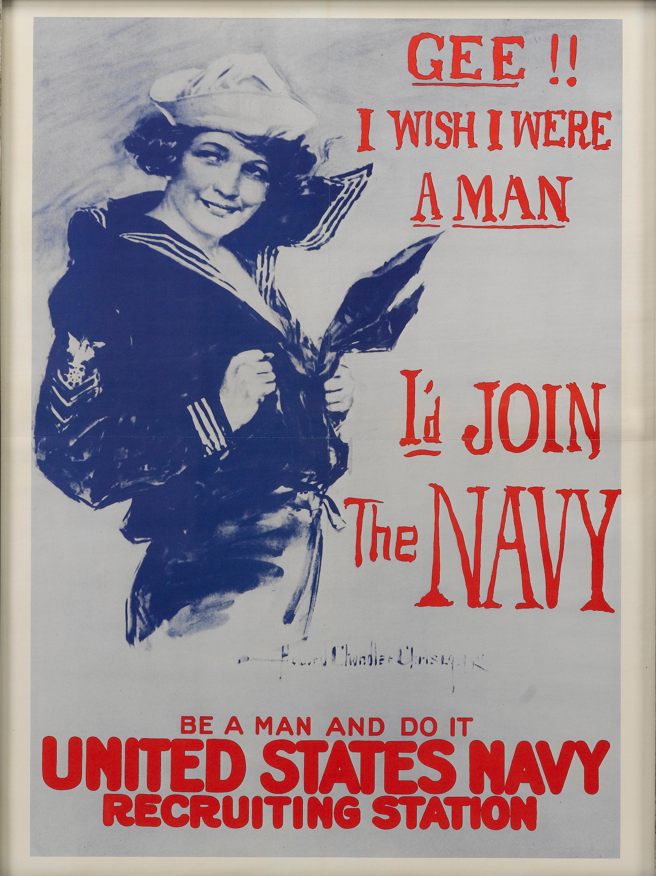 This poster was originally published in 1917 to support Navy recruitment and was subsequently reprinted for the second world war, which is the case with this example. 

In World War I, the frontline was not viewed as a place fit for a woman. While