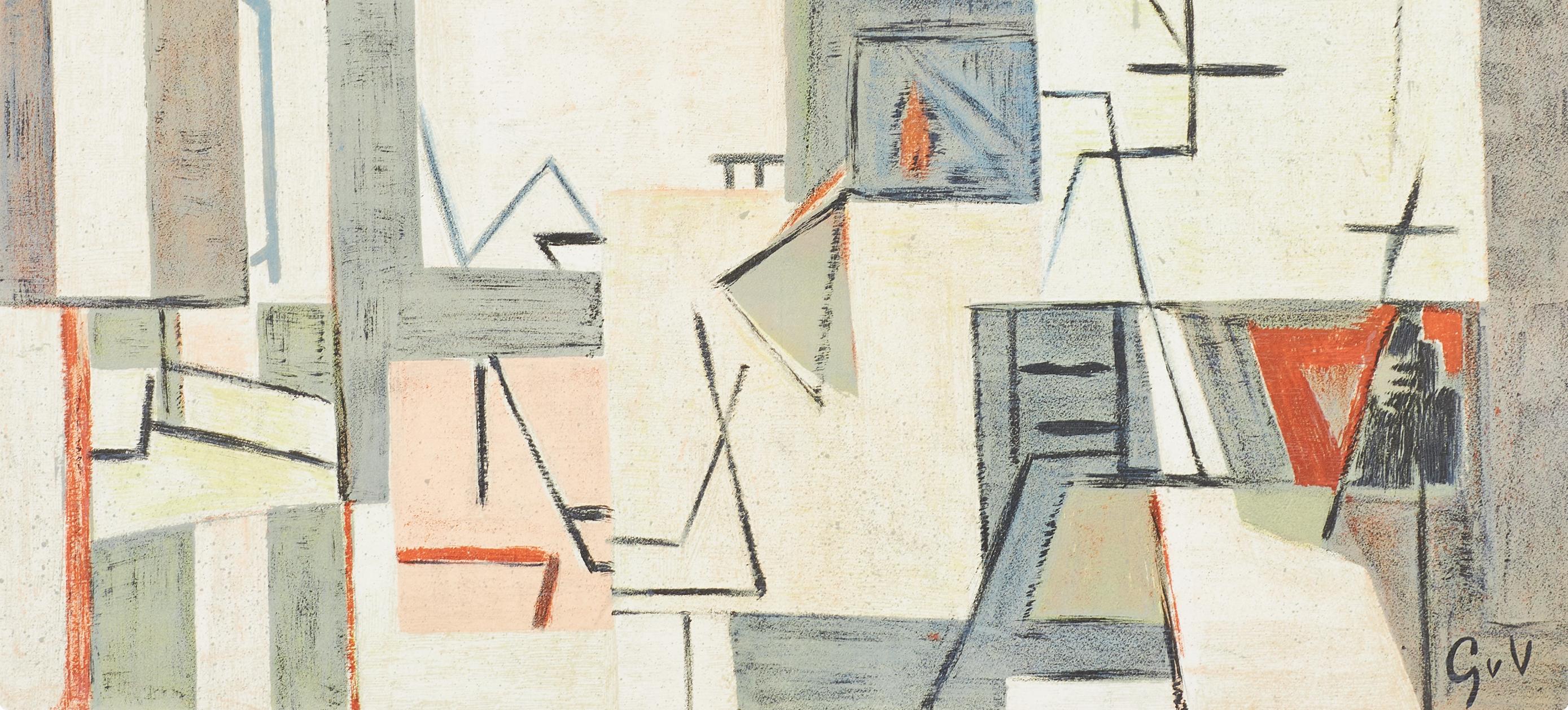 Composition, Derrière le miroir - Beige Landscape Print par Geer Van Velde