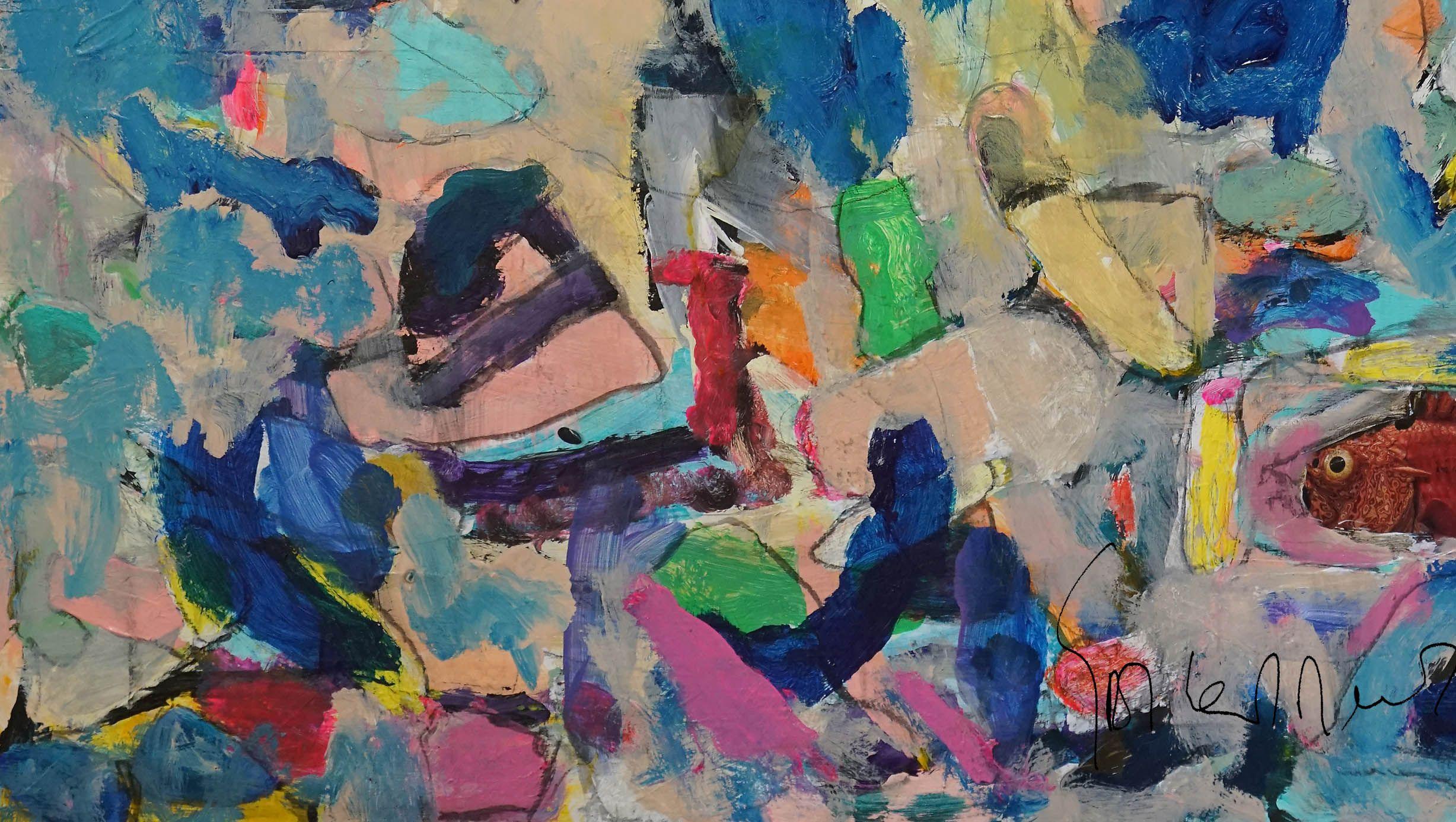 Pintura acrílica y al óleo y pasteles sobre panel de madera pretratada en marco de madera.    En mi creación, las tonalidades vivaces danzan por el lienzo en una celebración expresionista del color y la forma. Impregnados de las texturas