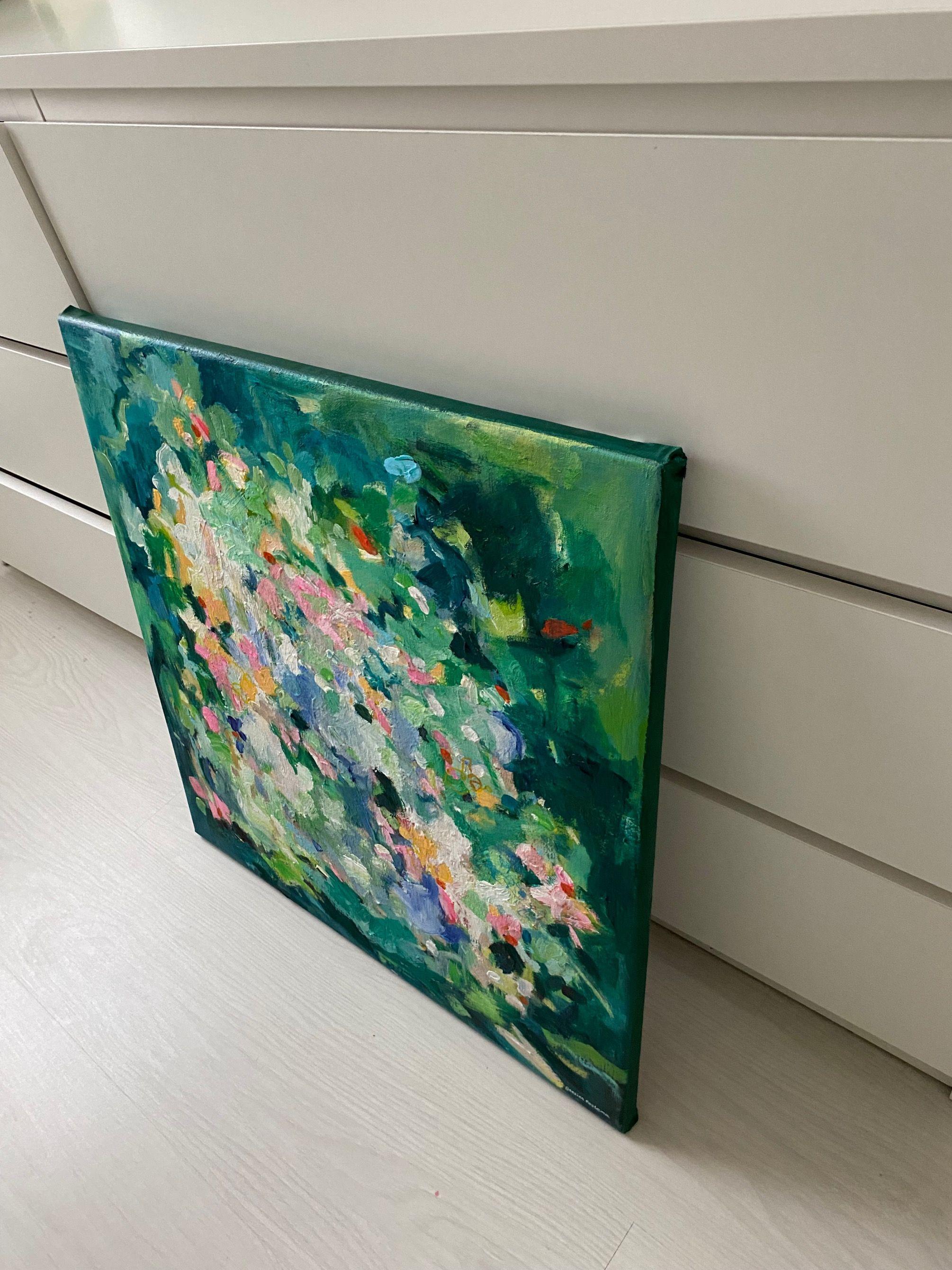 Se trata de una obra de arte cuadrada de 70 x 70 cm. Es una expresión de inspiración de claves ópticas naturales. La forma abstracta de pintar muestra una visión lírica, romántica y poética. Tiene unos colores vibrantes y exuberantes, los colores de