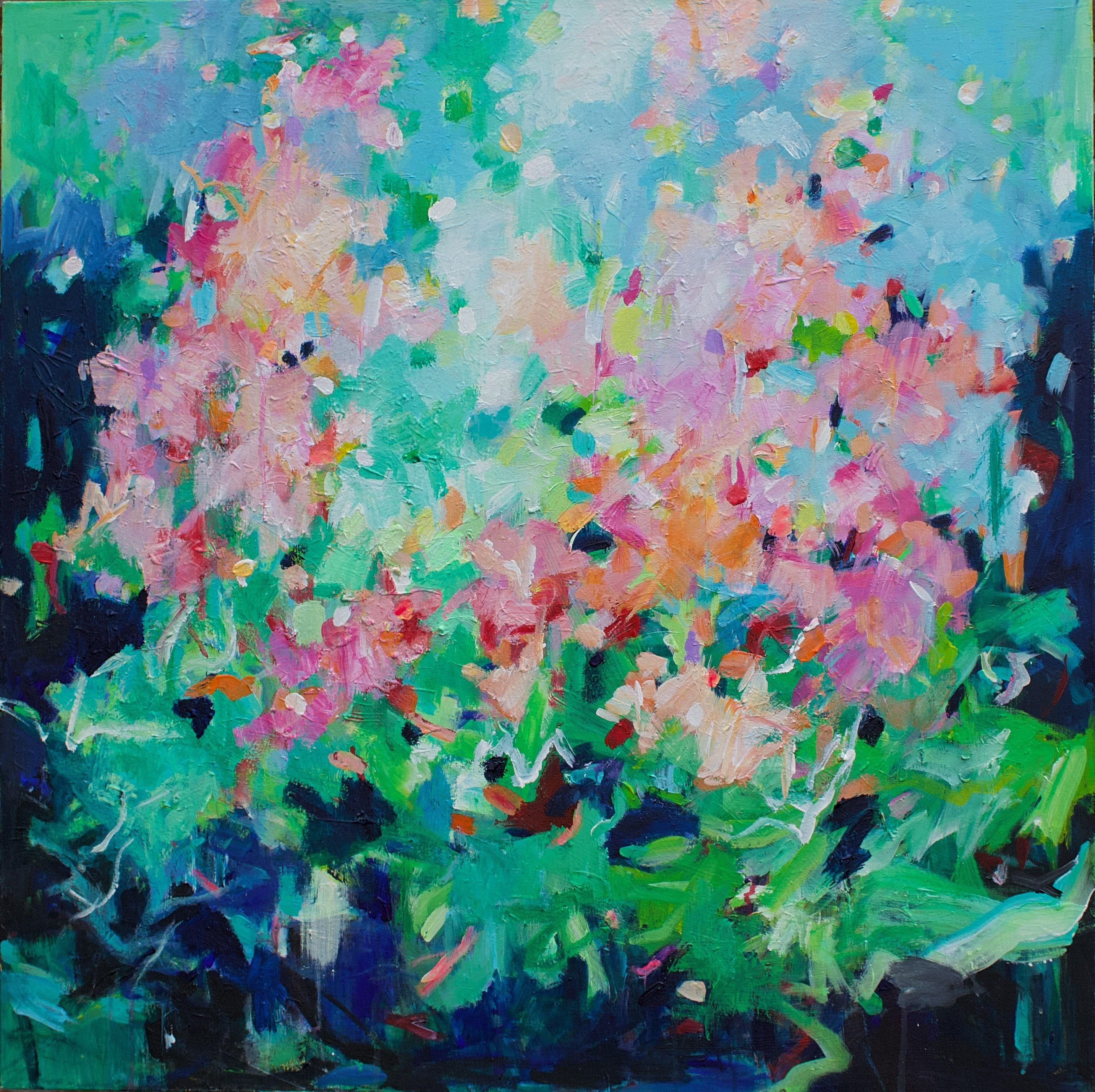 This is a large statement piece of art. It is painted in a gestural and loose way mainly in blue and green hues. Inspiration was found at the side of Lake Geneva in Montreaux. Along the side of the lake were many beautiful flowers and trees. These