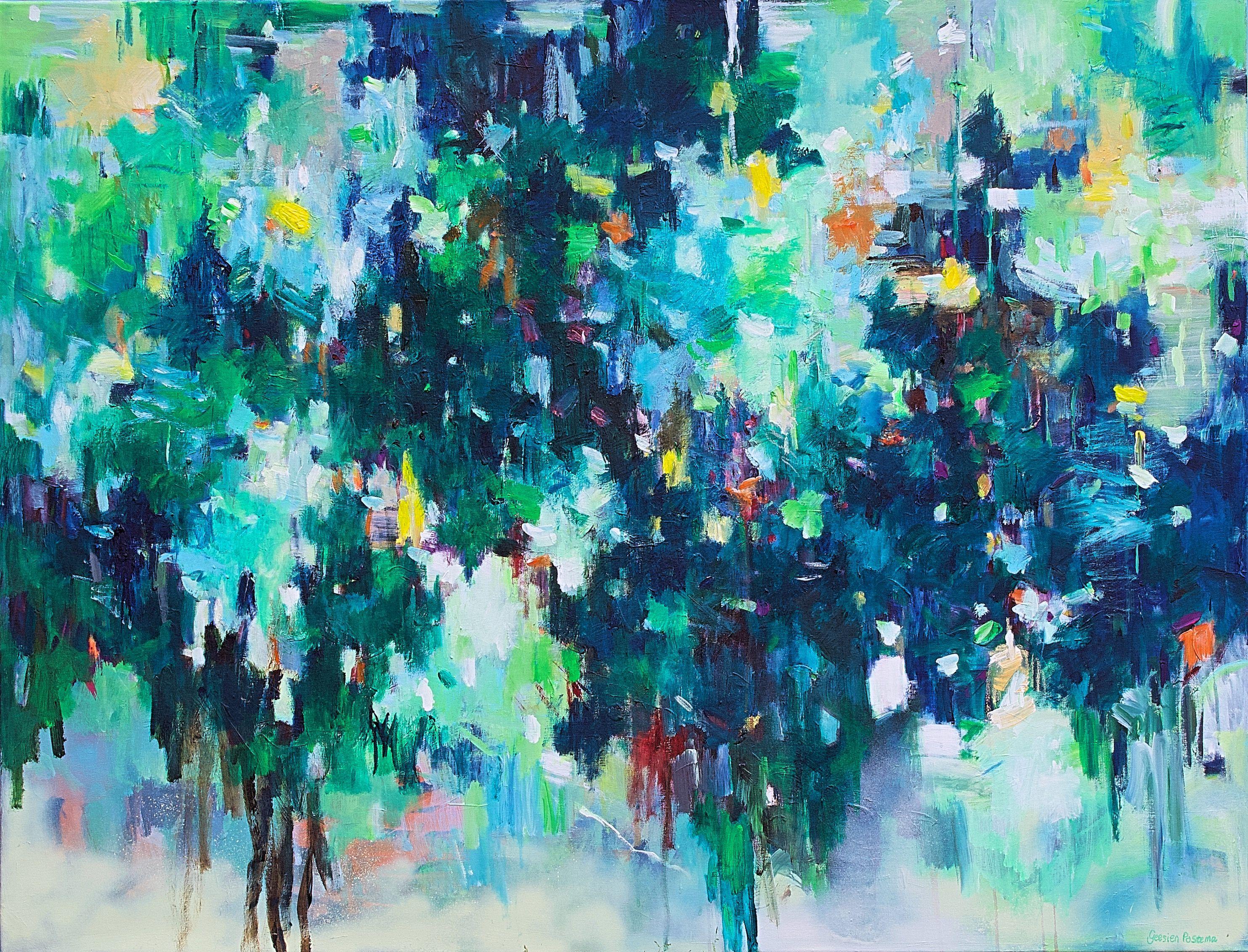 This large expressive painting is a statement piece of art.   It has deep green colors in combination with warm and vibrant details. It is built up in many layers bringing the painting in harmony and balance.  The greens give the painting depth, it