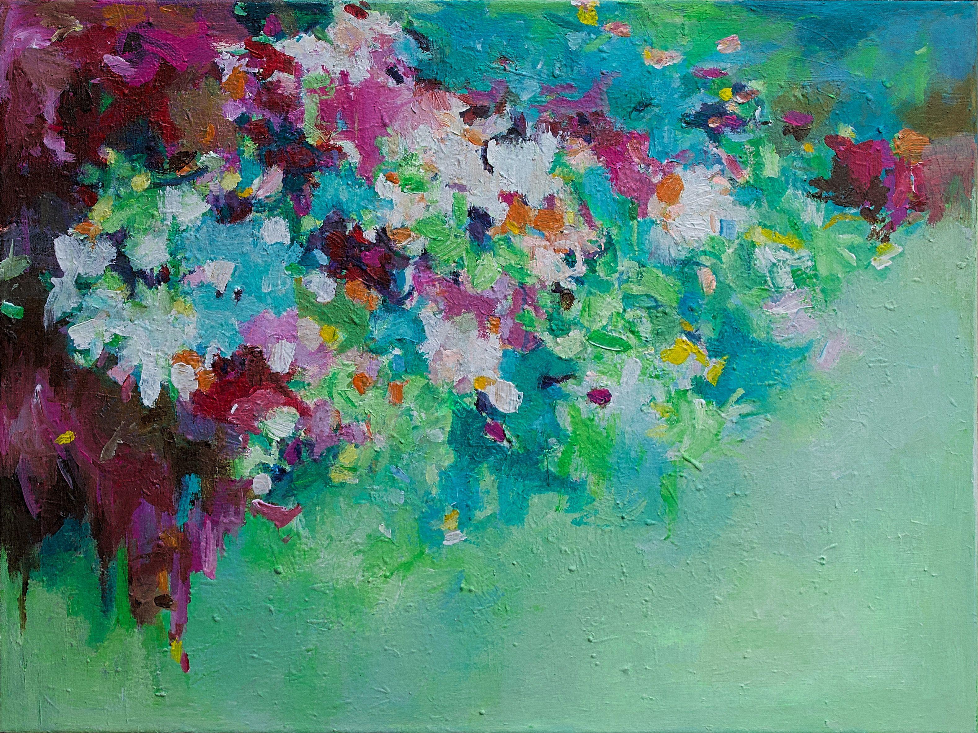 This artwork is an abstract floral horizontal painting. It has vivid bold colors, in pink and a dark red, together with white and a touch of yellow. The background is in a light blue-green, fading away to the bottom of the painting.   The painting