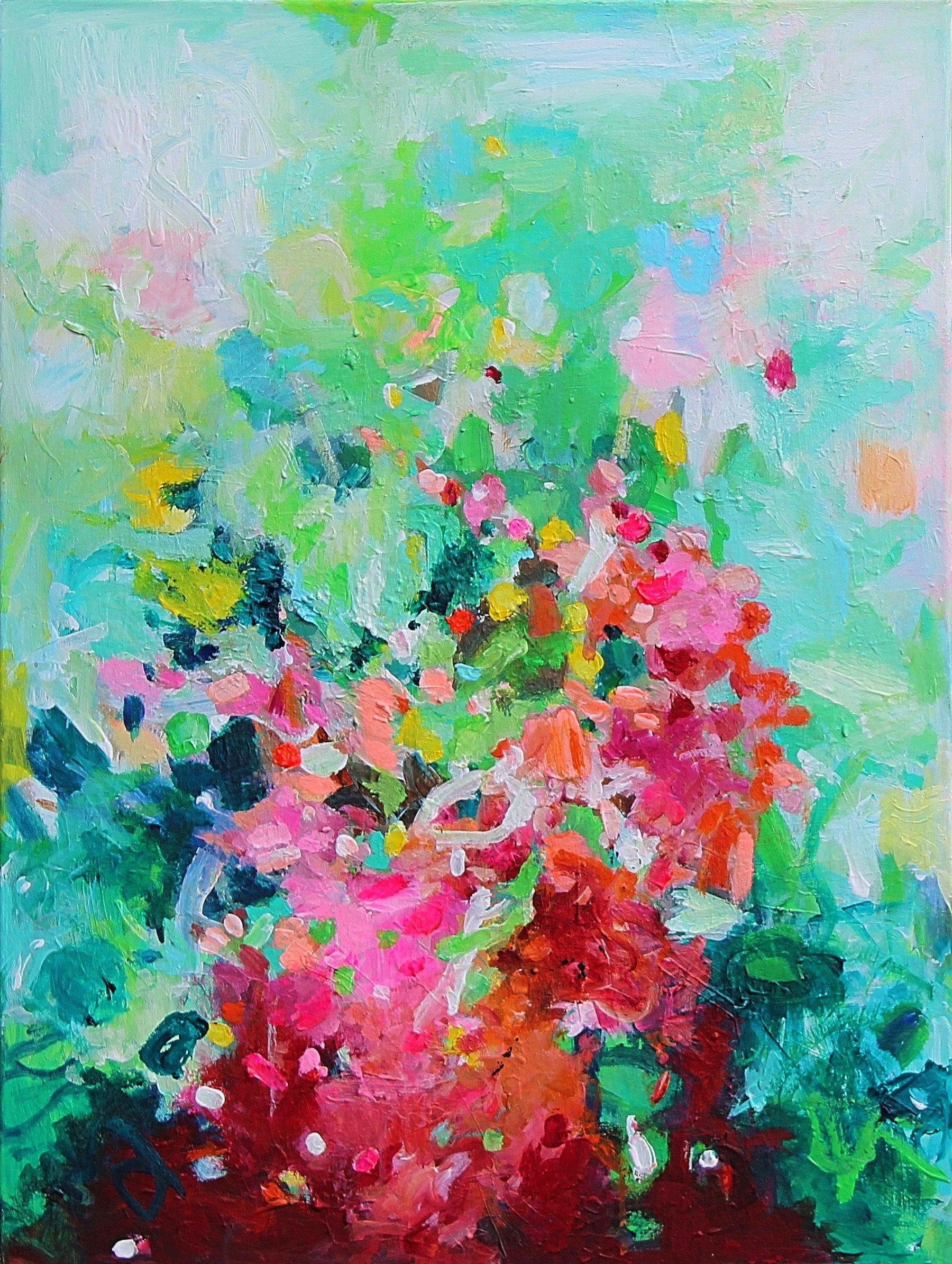 This is a small colorful abstract floral painting. It is painted when the COVID crisis started to hit the world. It was an uncertain and challenging time. In the same time nature started to blossom and took its course. This painting is about going