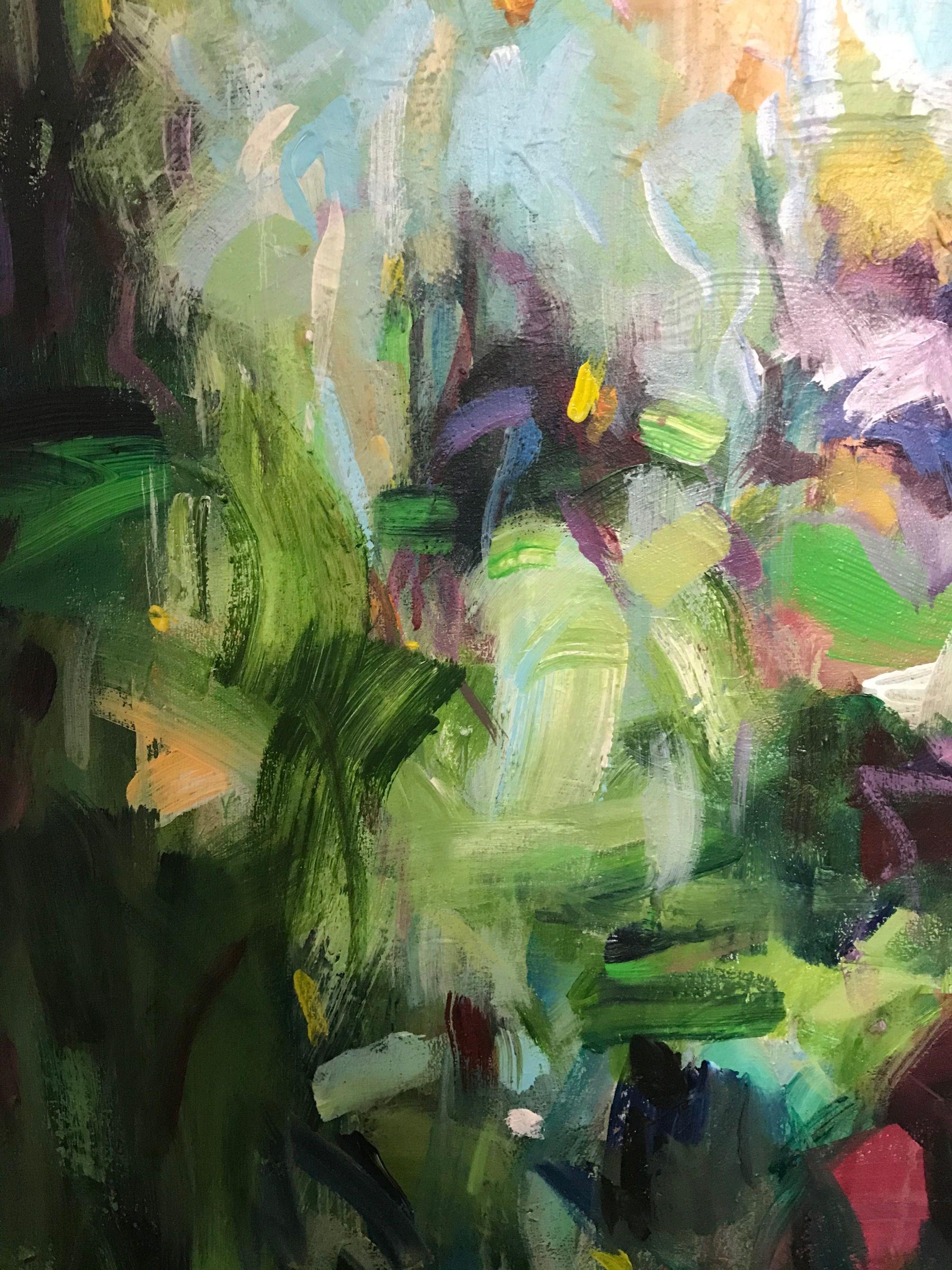 Si tratta di un dipinto astratto di un soggetto preferito dall'artista.   Si tratta di un'opera d'arte quadrata di grandi dimensioni, piena di movimento, texture e colori.  Si ispira agli alberi ondeggianti al vento in una giornata di sole