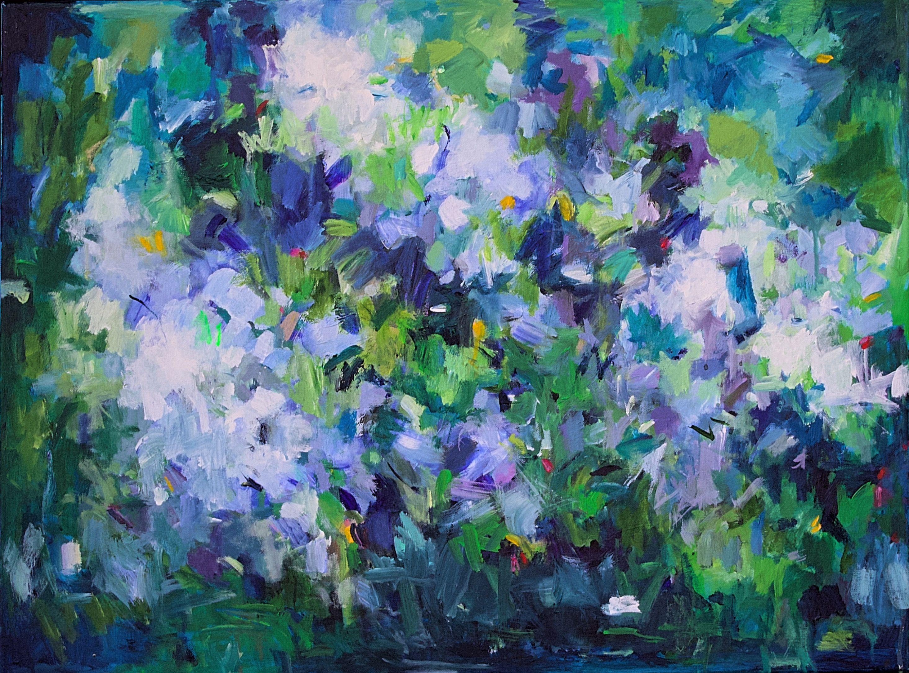 For the love of Hydrangeas and flowers and in general. This is a painting in the ongoing serie about gardens. The calming and peaceful vibe of gardens and the vibrant colors bringing joy and positive feelings.  This painting is painted in a