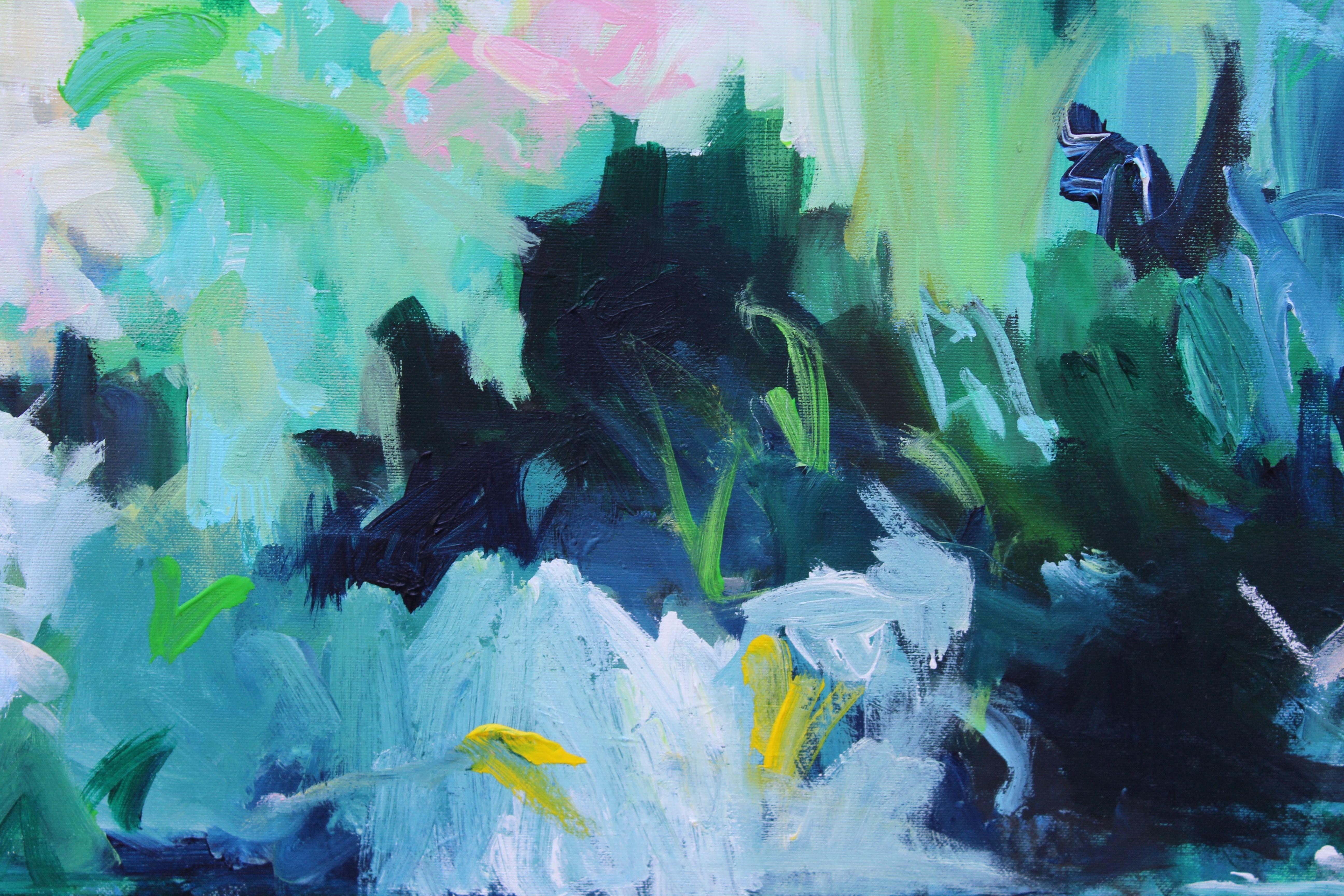This is an abstract floral statement piece of art. It represents flowers in an abstract form. Inspiration was found in a beautiful lush flower garden, in the Summer with blooming hydrangea's. It is painted in a loose way, with intuitive painted