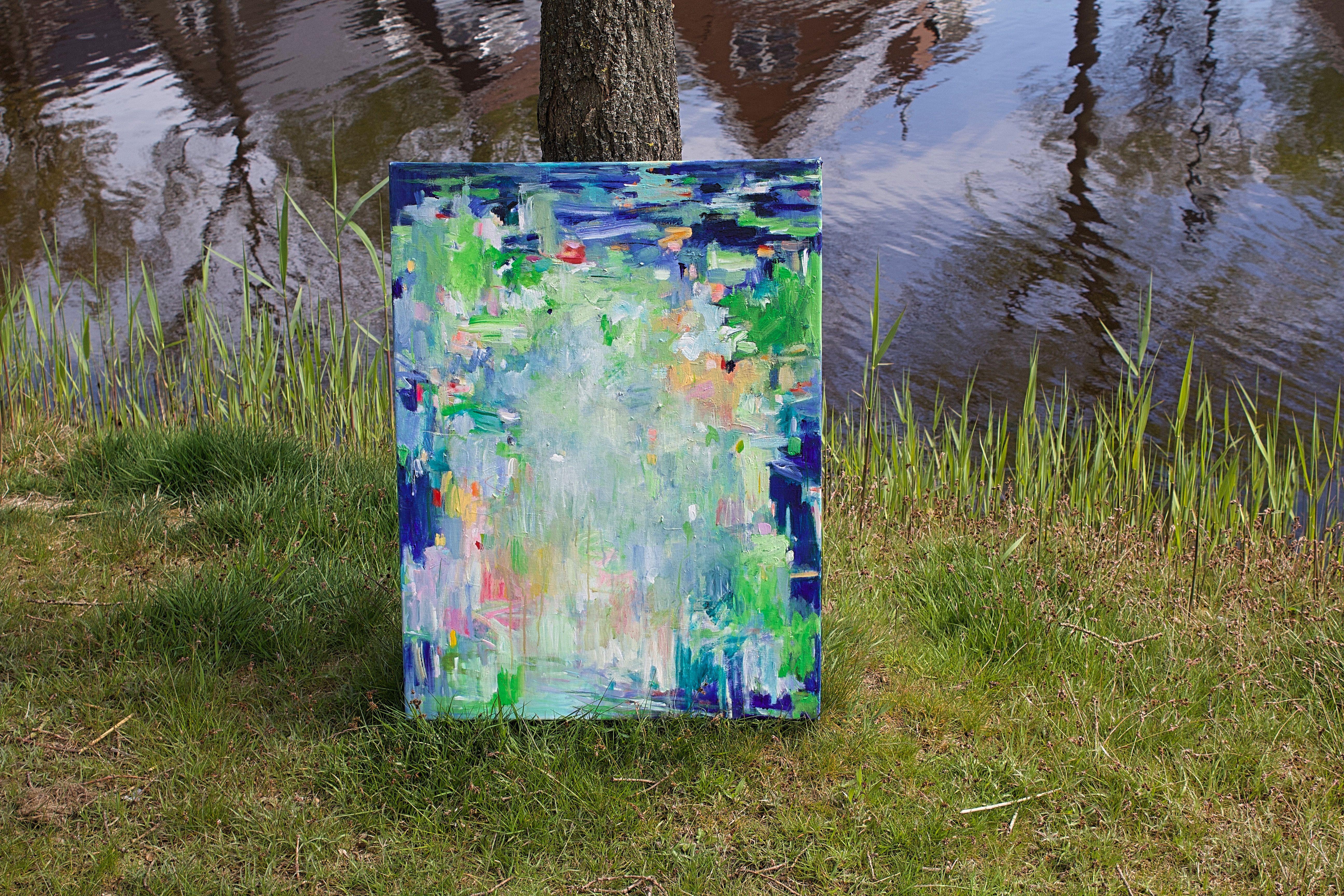 This painting is nr 7 in the ongoing serie Sea of glass. This serie is inspired by the reflections of the surroundings of a watersurface. This can be bushes, trees, flowers, clouds or any other botanical scene.  The weather conditions that changes