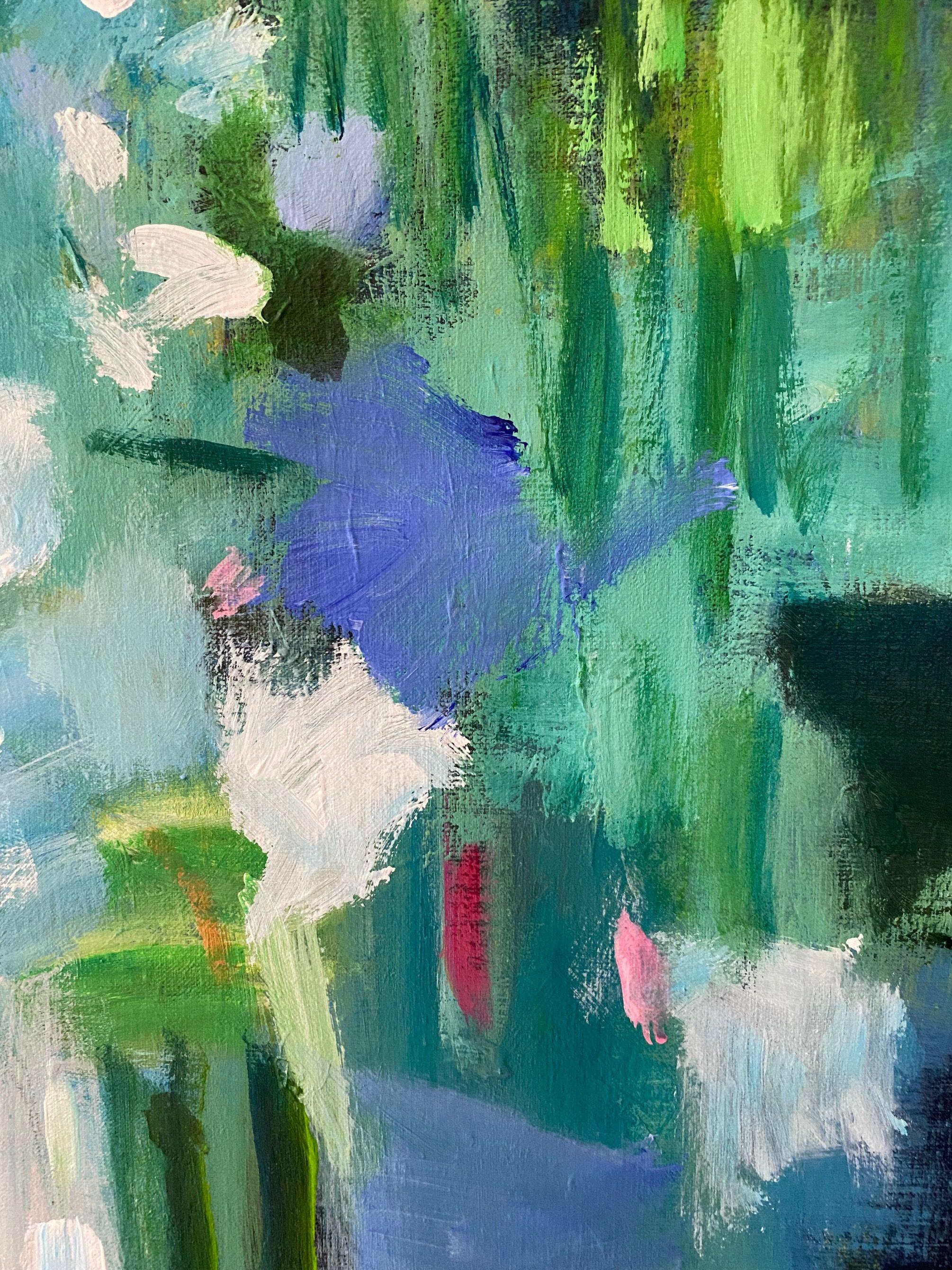 Questo dipinto astratto di uno stagno potrebbe essere caratterizzato da una miscela di colori e forme vorticose, che catturano l'essenza e lo stato d'animo di uno specchio d'acqua tranquillo piuttosto che la sua forma letterale. L'artista potrebbe