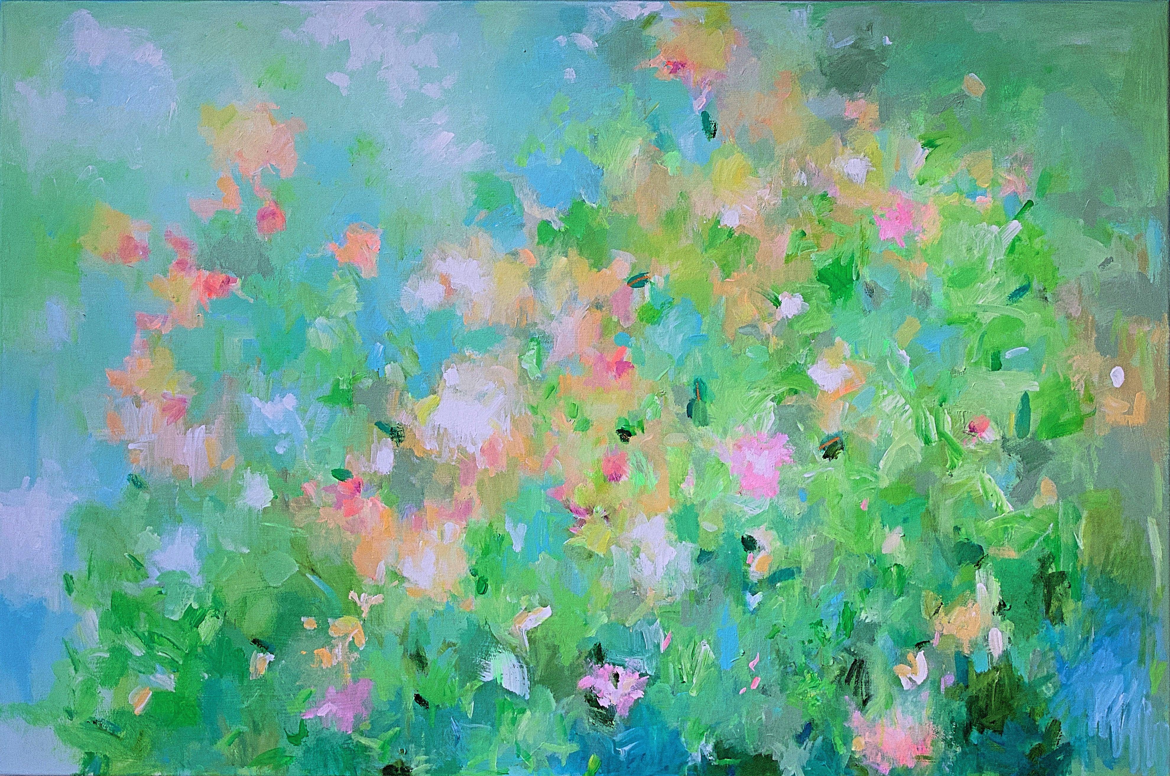 All soft colors in this painting. It has a calming and dreamy vibe with the sweet pastels in grey, green, blue, pink and a touch of (neon) orange. It is a contemporary and modern painting of abstract florals floating away in the wind, mesmerising,