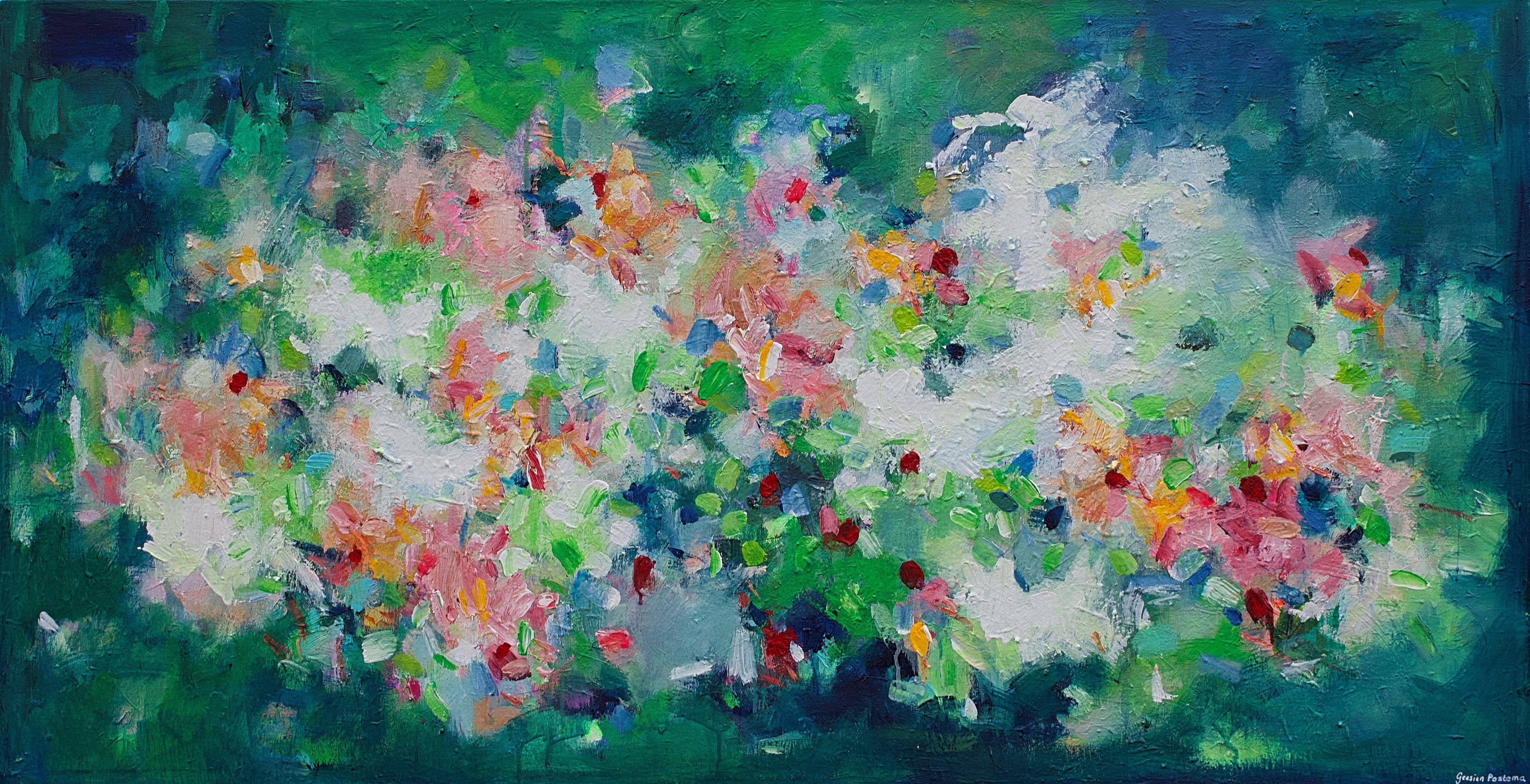 This is a very lovely abstract artwork in green colors in combinations with whites and accents in bright warm colors. It is a horizontal painting, a fantasy inspired by florals and nature in general evoking positive and calming feelings. With the