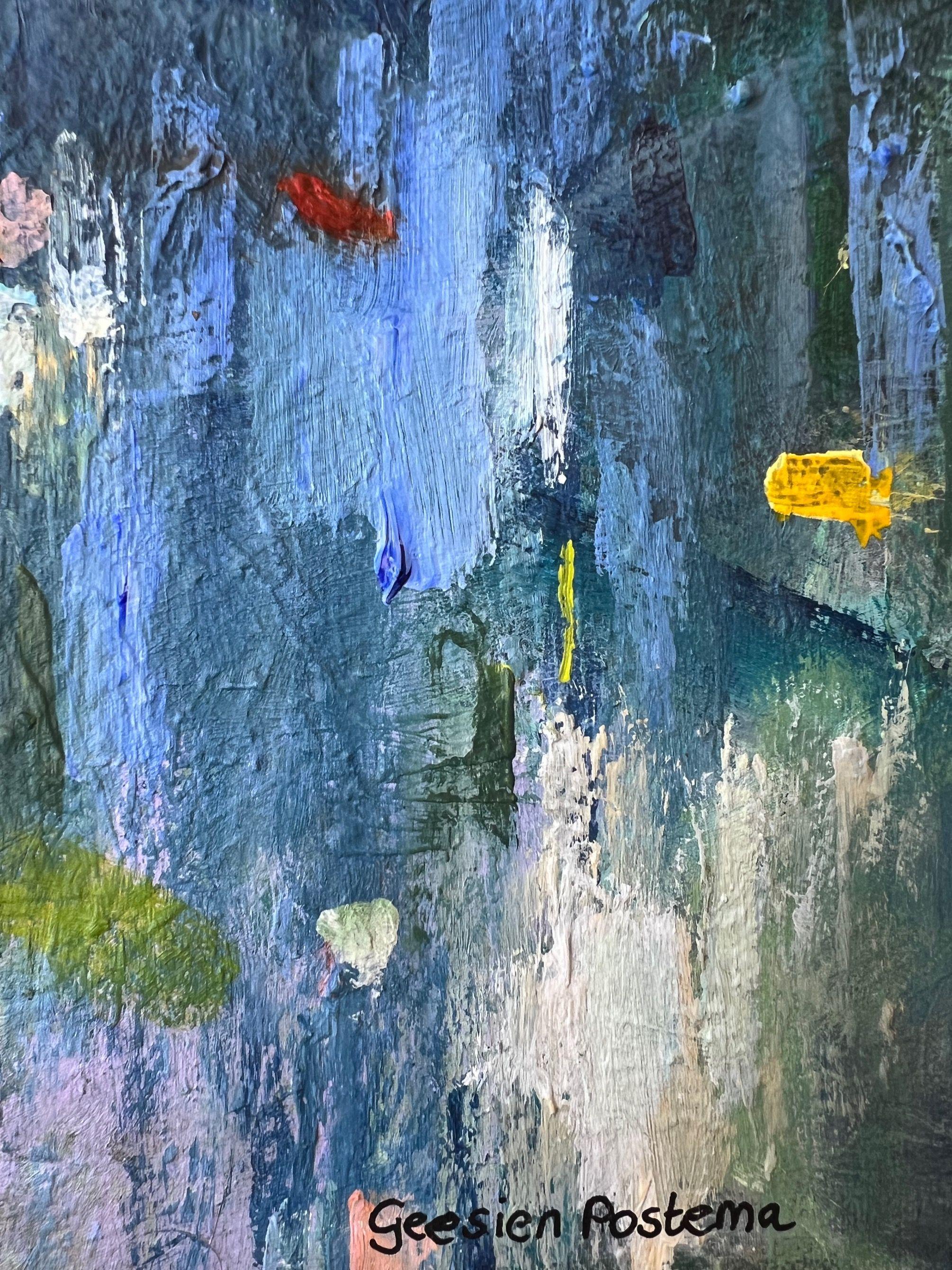 Ce tableau est une œuvre d'art construite en plusieurs couches de peinture qui donnent à la peinture sa structure. Elle présente des bleus et des verts sombres avec des détails colorés en rouge, jaune et blanc. Les couleurs sombres donnent de la