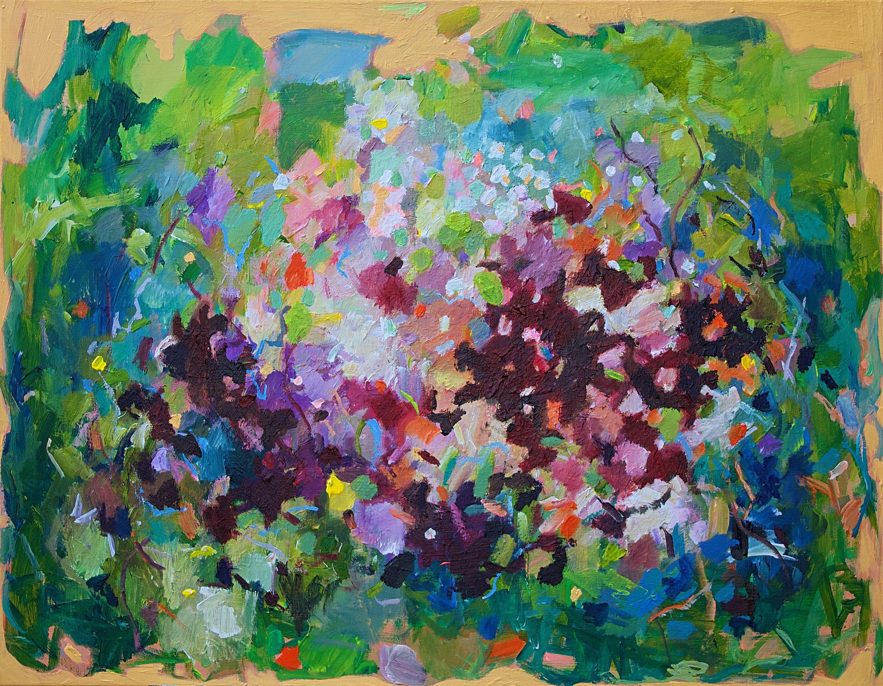 This is a happy colorful painting of abstract florals. It has deep colors like purple and red and also bright colors and even a touch of neon. The glooming light of a sunset inspired the artist in combination with the love of flowers and gardens.