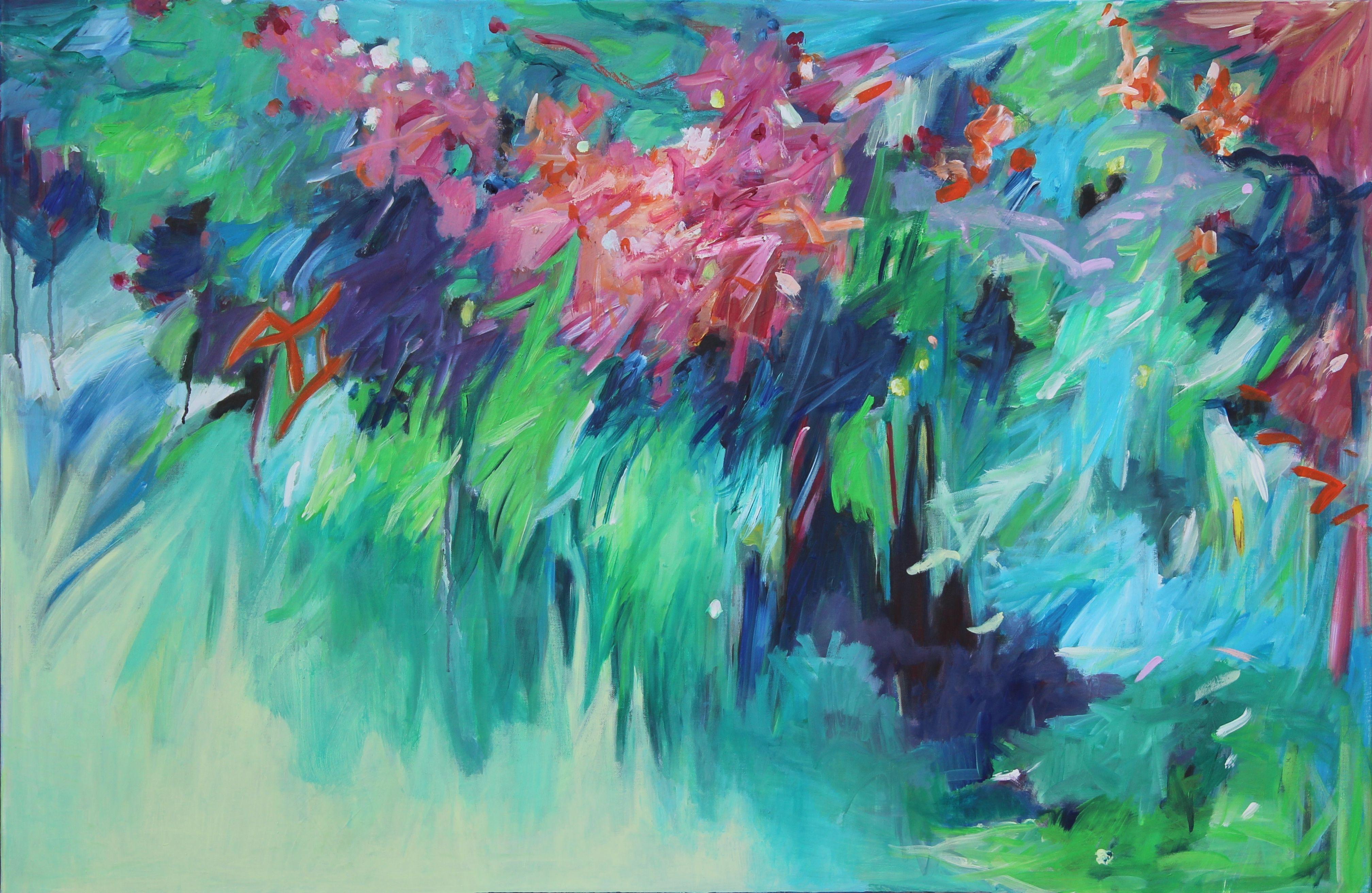 Statement piece of bright and bold colors. This painting is about overhanging lush flowers and blossoms. It is   painted in an impulsive and gestural way. The background is in soft colors which gives the painting depth. It has a sunny vibe and