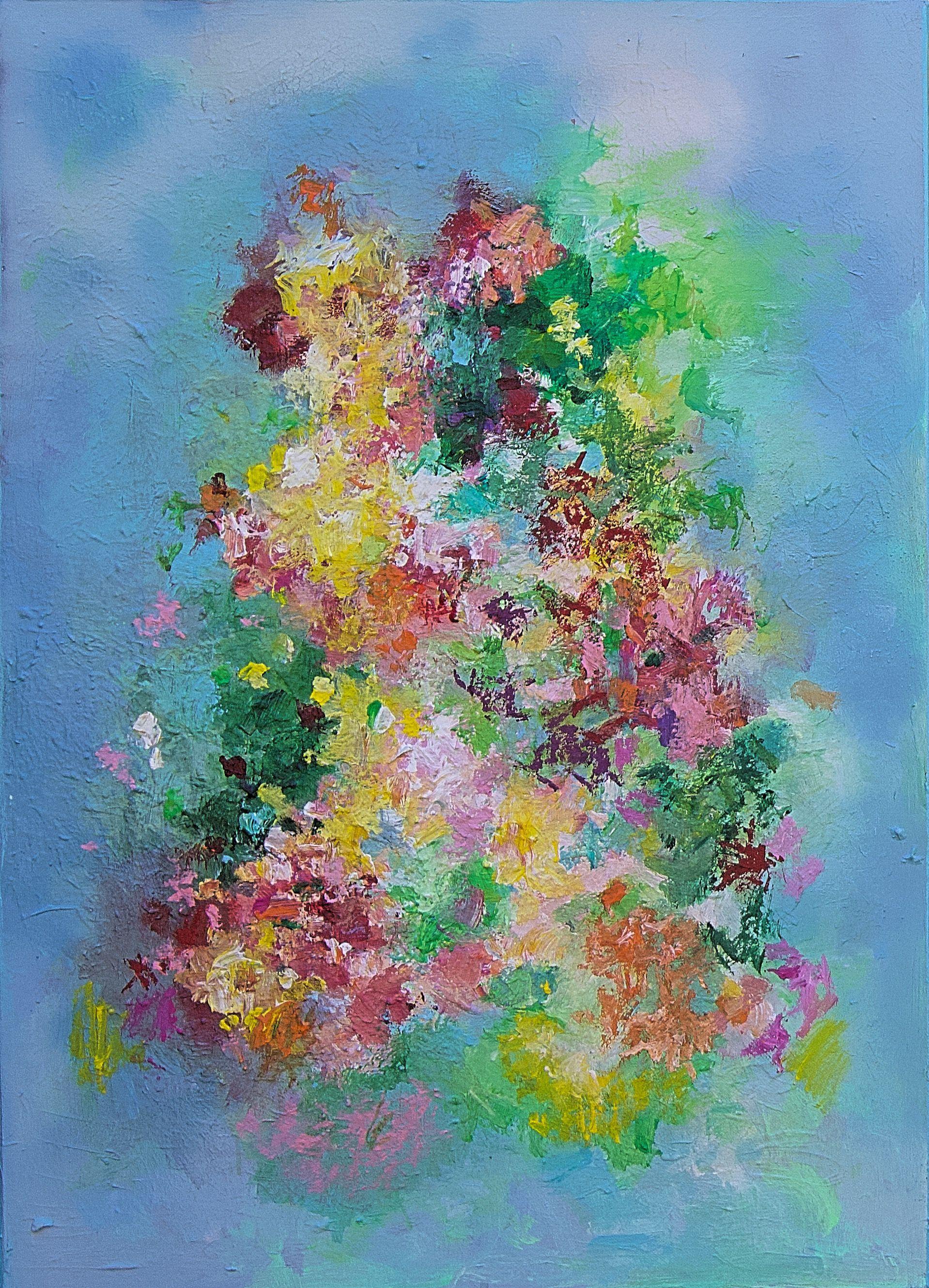 This is a painting of flowers painted in an abstract way.   It is a vertical contemporary painting full of warm and vibrant colors like red, yellow, pink, orange and green.   In the background there is a light blue, like a blue sky with some white.