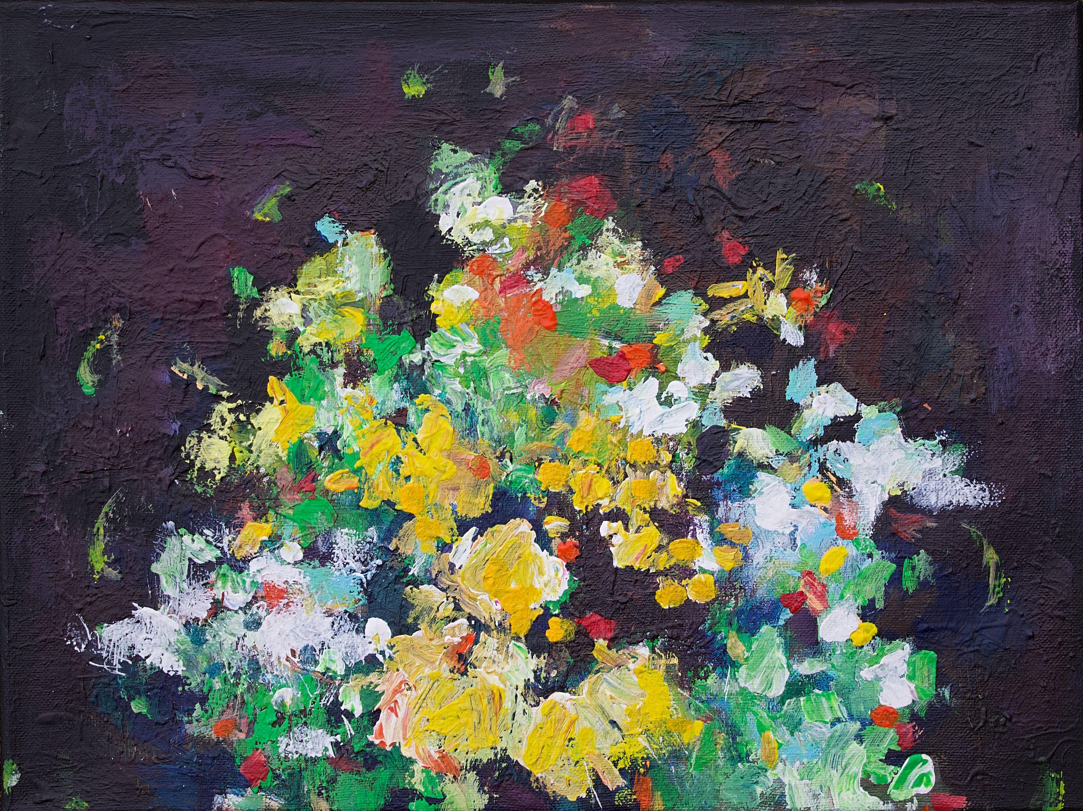 This small abstract is the number 7 in the ongoing serie 'Wish you Flowers'. It is inspired by a bouquet of flowers, in the tradition of the still lifes of the old masters.  The paint is applied thickly which gives the painting texture. Back ground