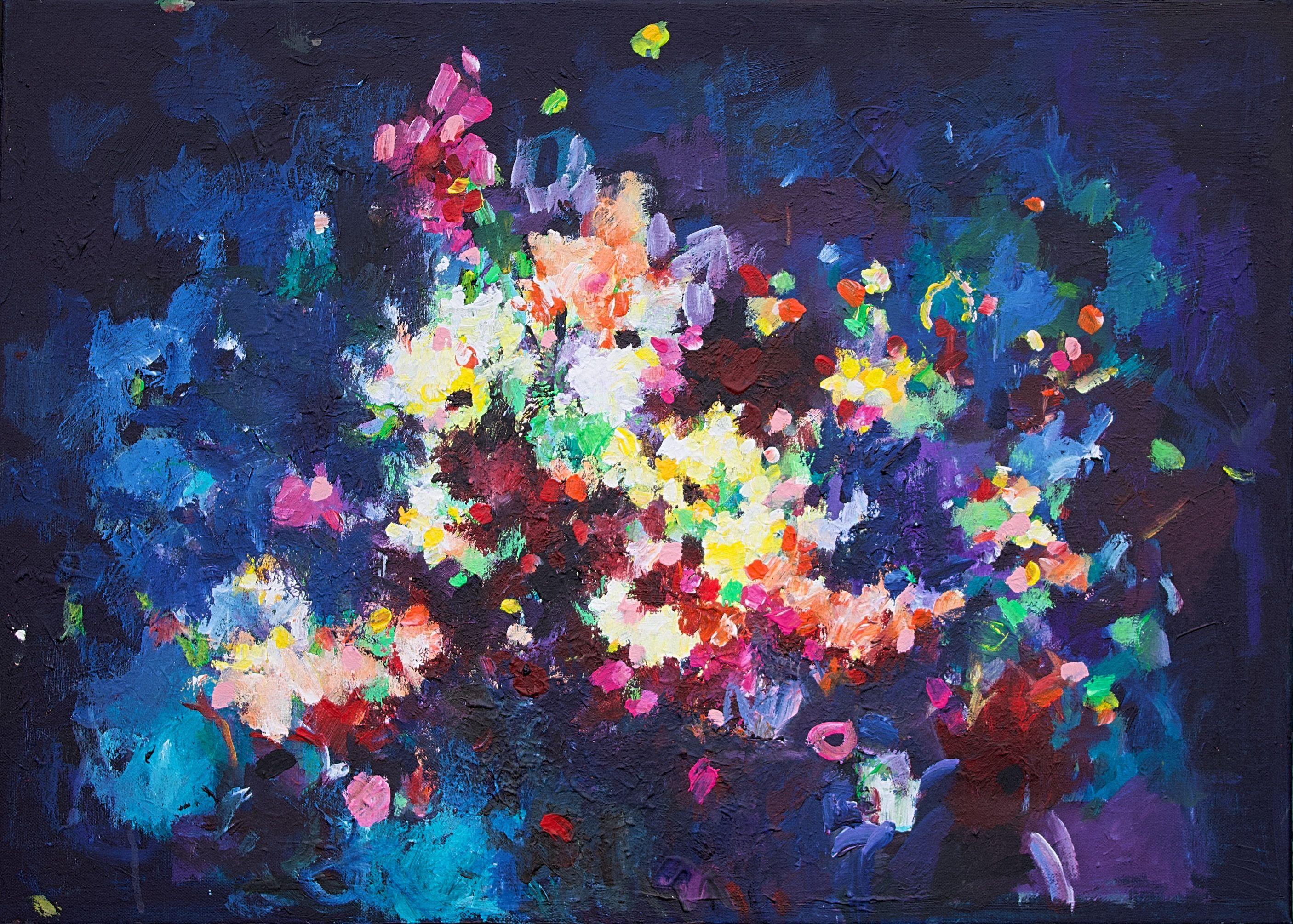 This is an abstract painting of a bouquet of flowers. It has a dark background in blue and black hues with the bright and contrasting colors popping out. The bright colors are in yellows, pinks, purple and white. Despite the dark background it is a
