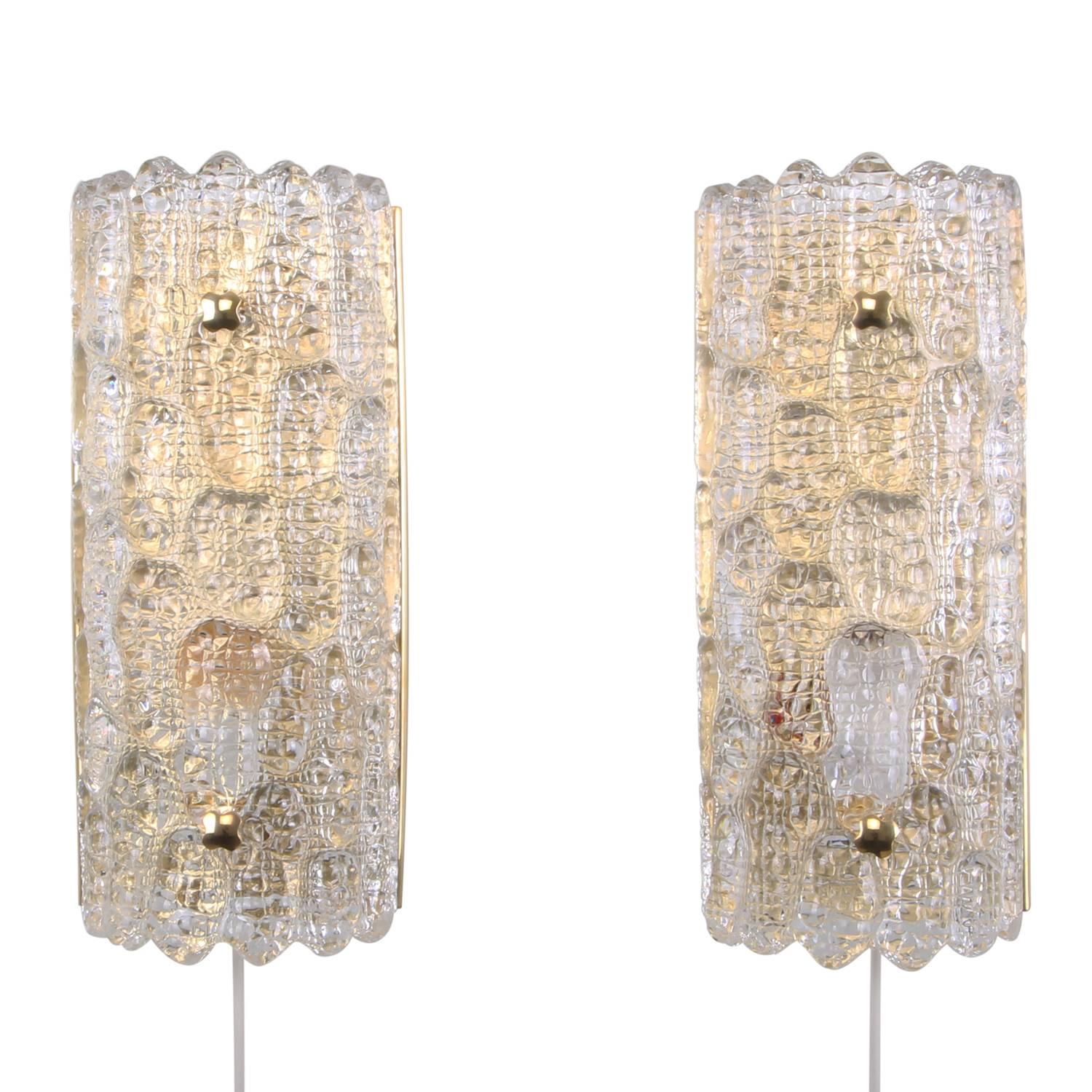 Scandinavian Modern Gefion Sconces 'Pair', Crystal Glass Wall Lights by Lyfa and Orrefors, 1960s For Sale