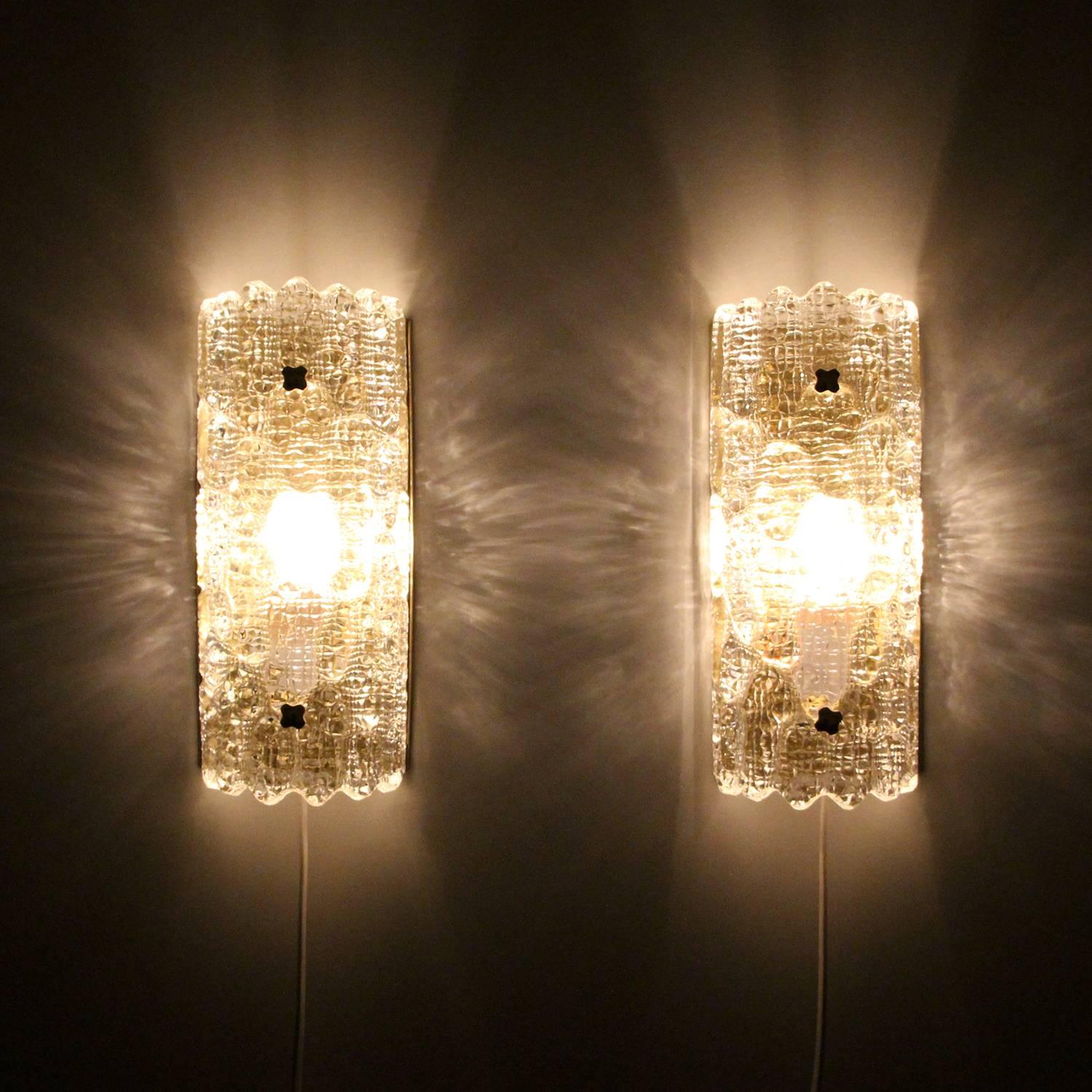 Danish Gefion Sconces 'Pair', Crystal Glass Wall Lights by Lyfa and Orrefors, 1960s For Sale