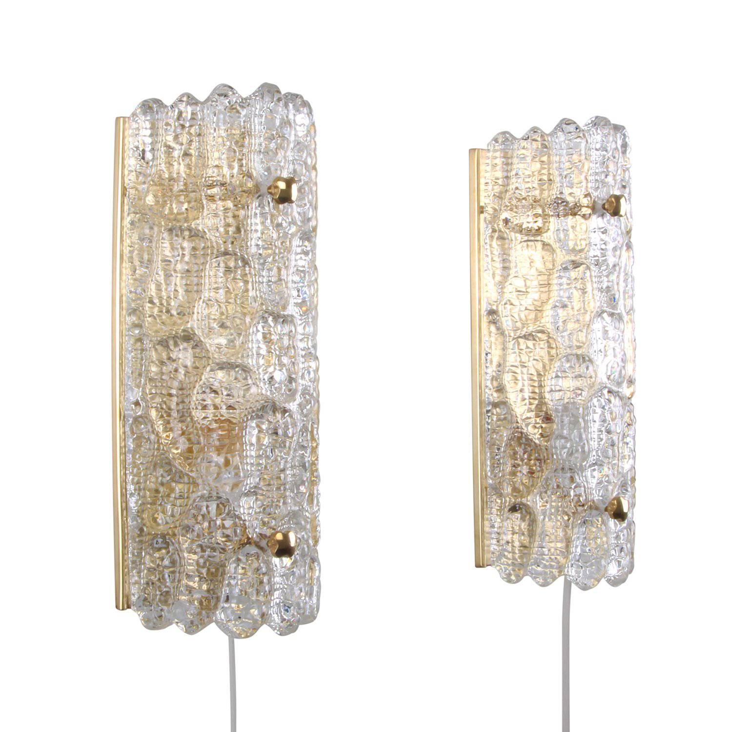 Gefion Sconces 'Pair', Crystal Glass Wall Lights by Lyfa and Orrefors, 1960s For Sale