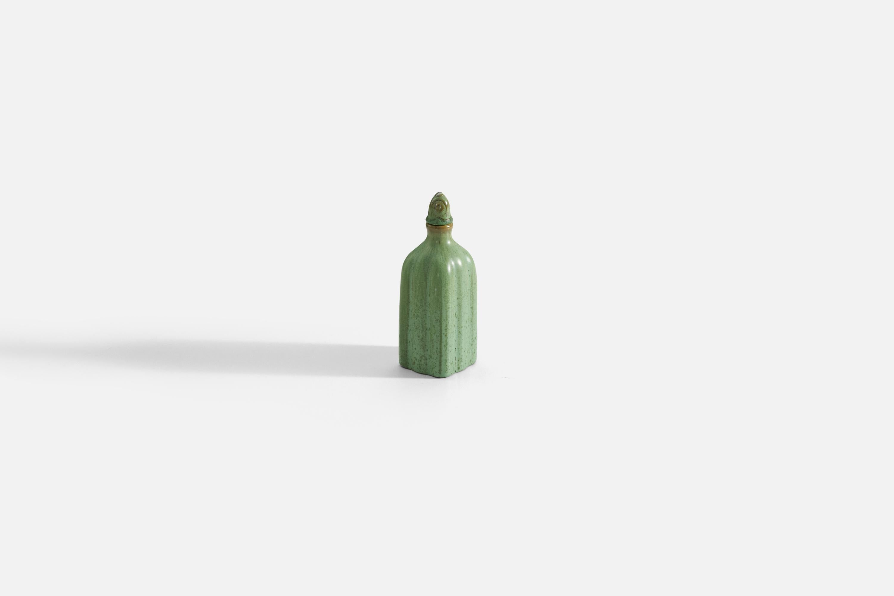 Scandinavian Modern Gefle, Vase or Bottle, Green-Glazed Earthenware, Sweden, 1930s For Sale