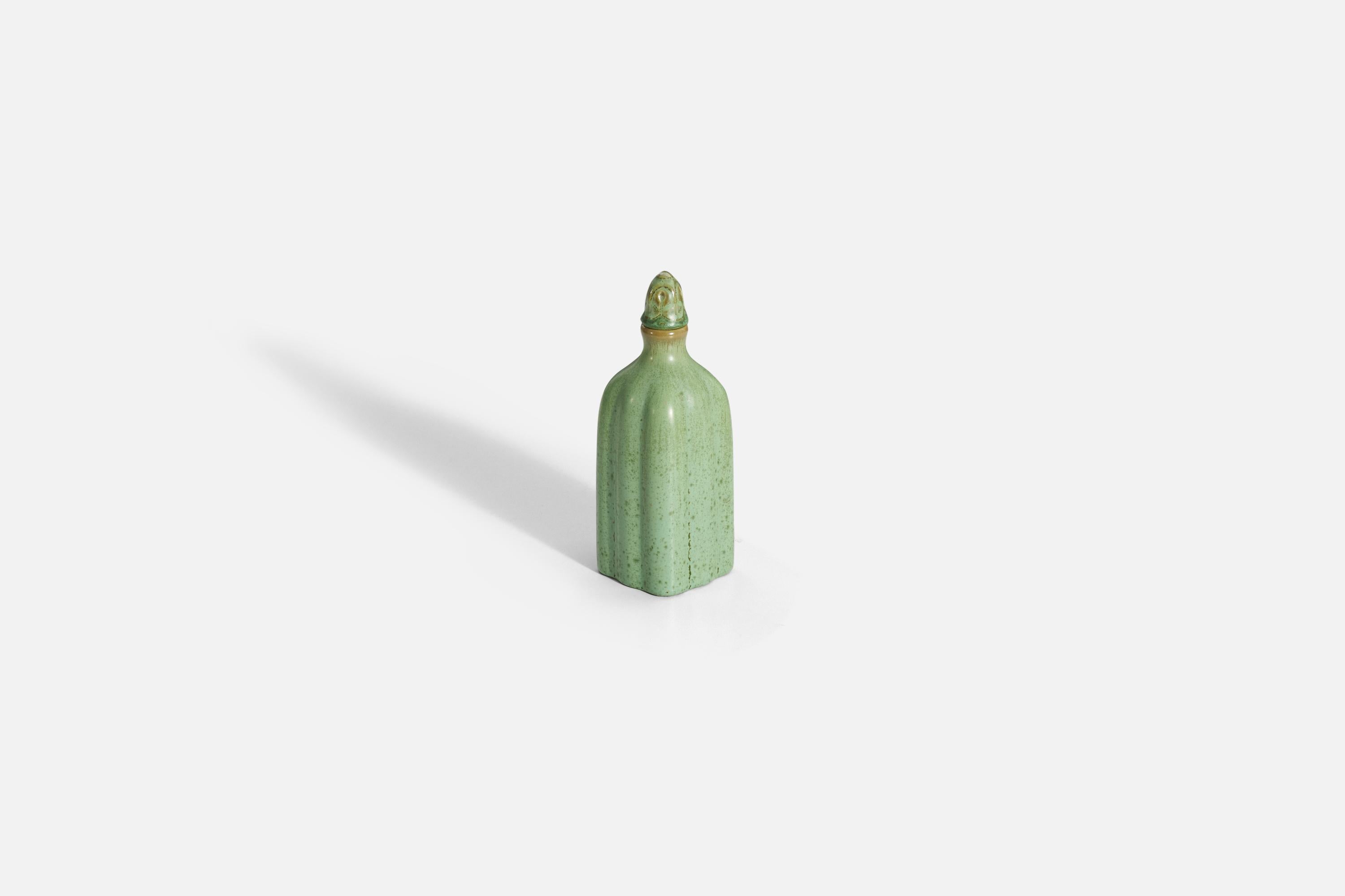 Swedish Gefle, Vase or Bottle, Green-Glazed Earthenware, Sweden, 1930s For Sale