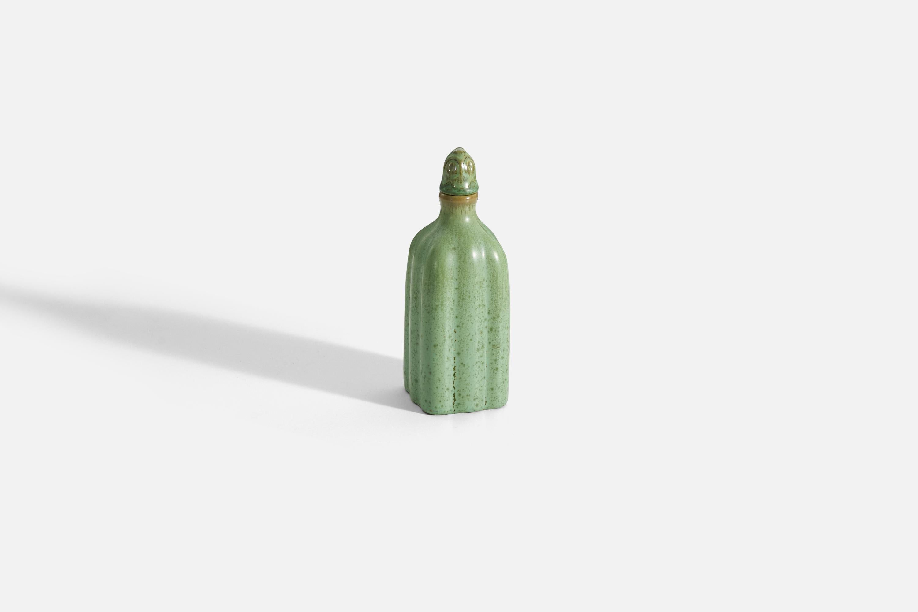 Gefle, Vase or Bottle, Green-Glazed Earthenware, Sweden, 1930s In Good Condition For Sale In High Point, NC