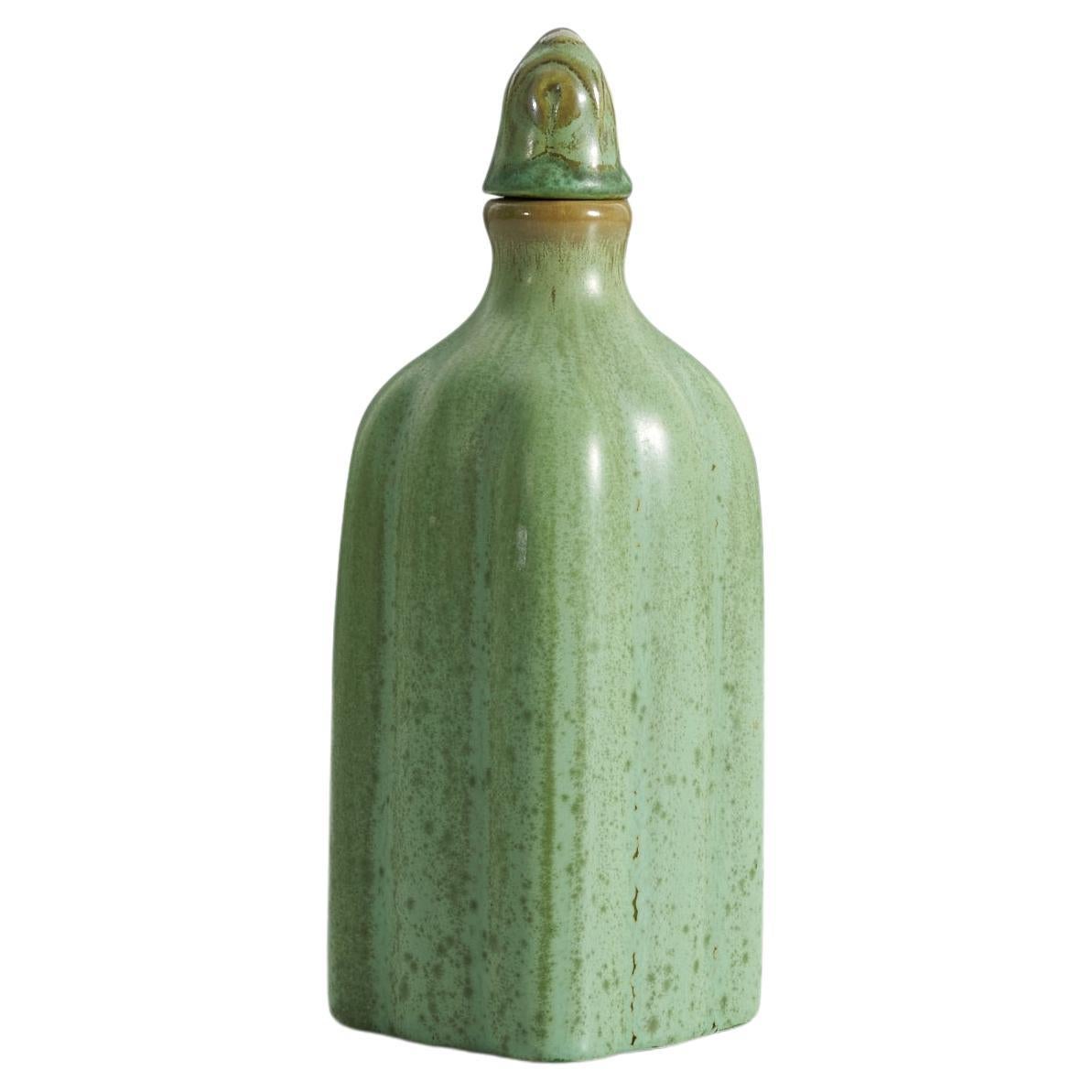 Gefle, Vase or Bottle, Green-Glazed Earthenware, Sweden, 1930s