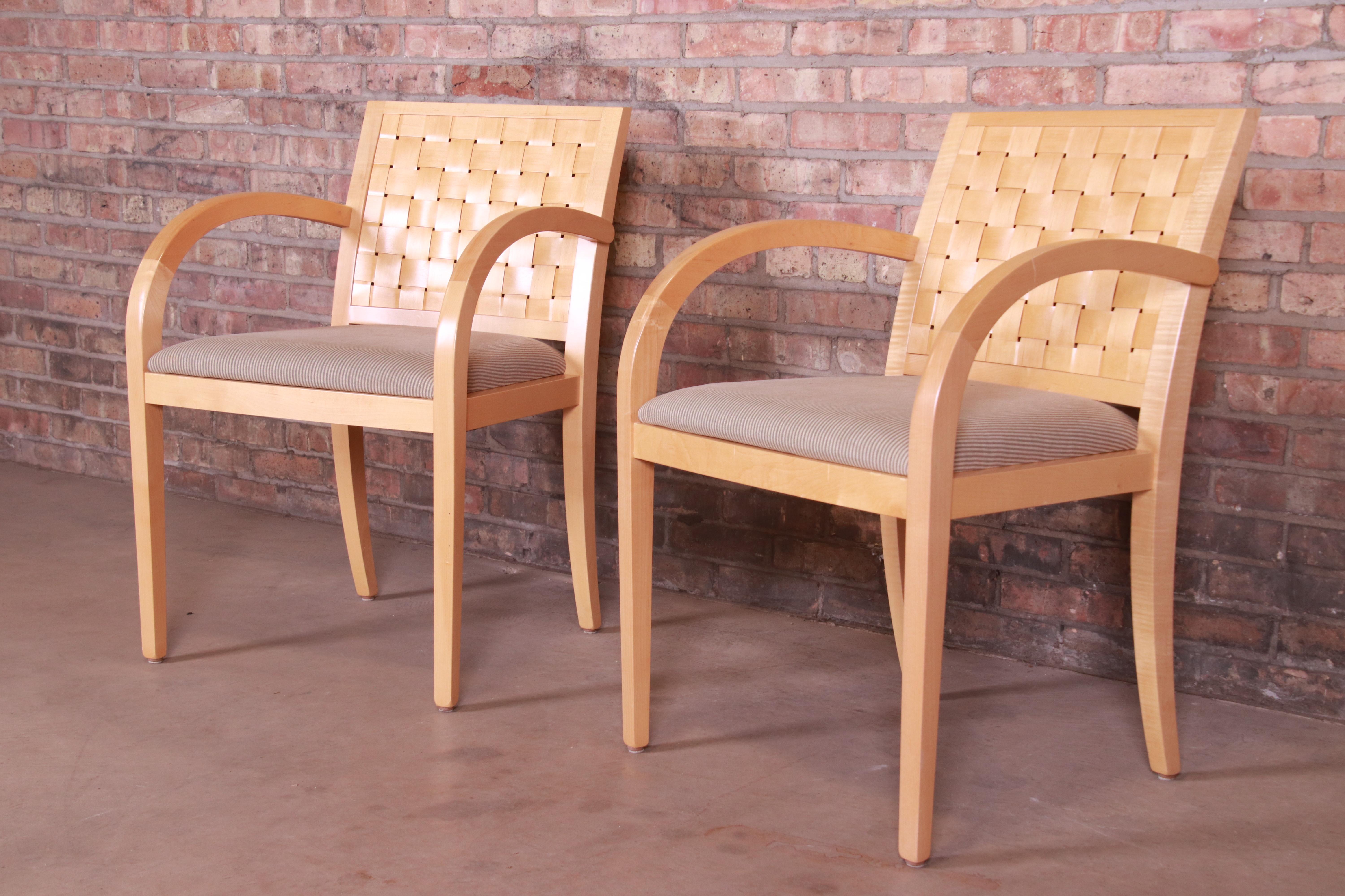 Late 20th Century Geiger-Brickel Maple Woven Back Armchairs with Donghia Upholstery, Set of Four