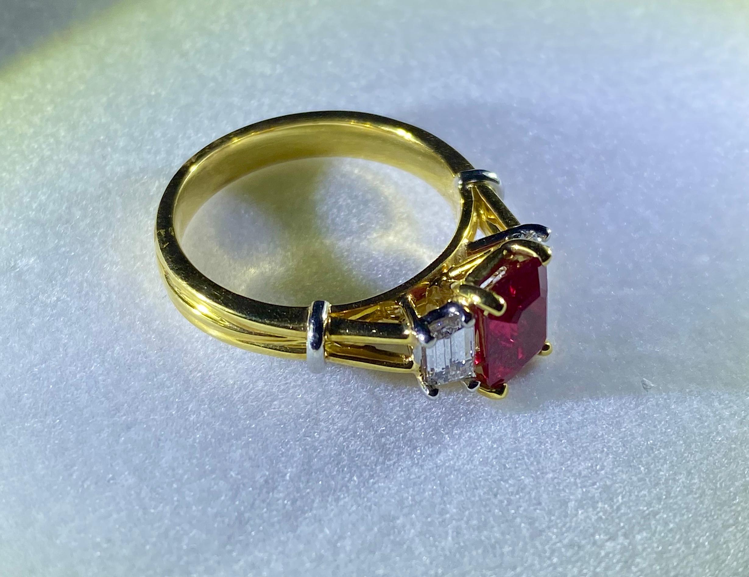 Emerald Cut Geiss & Sons 18 Karat Ruby and Diamond Ring For Sale