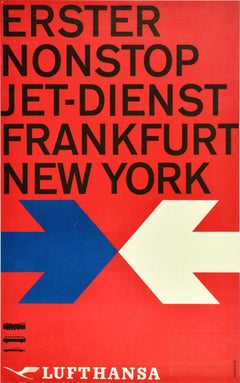 Original Vintage Travel Poster Lufthansa Airlines Frankfurt New York Nonstop Jet