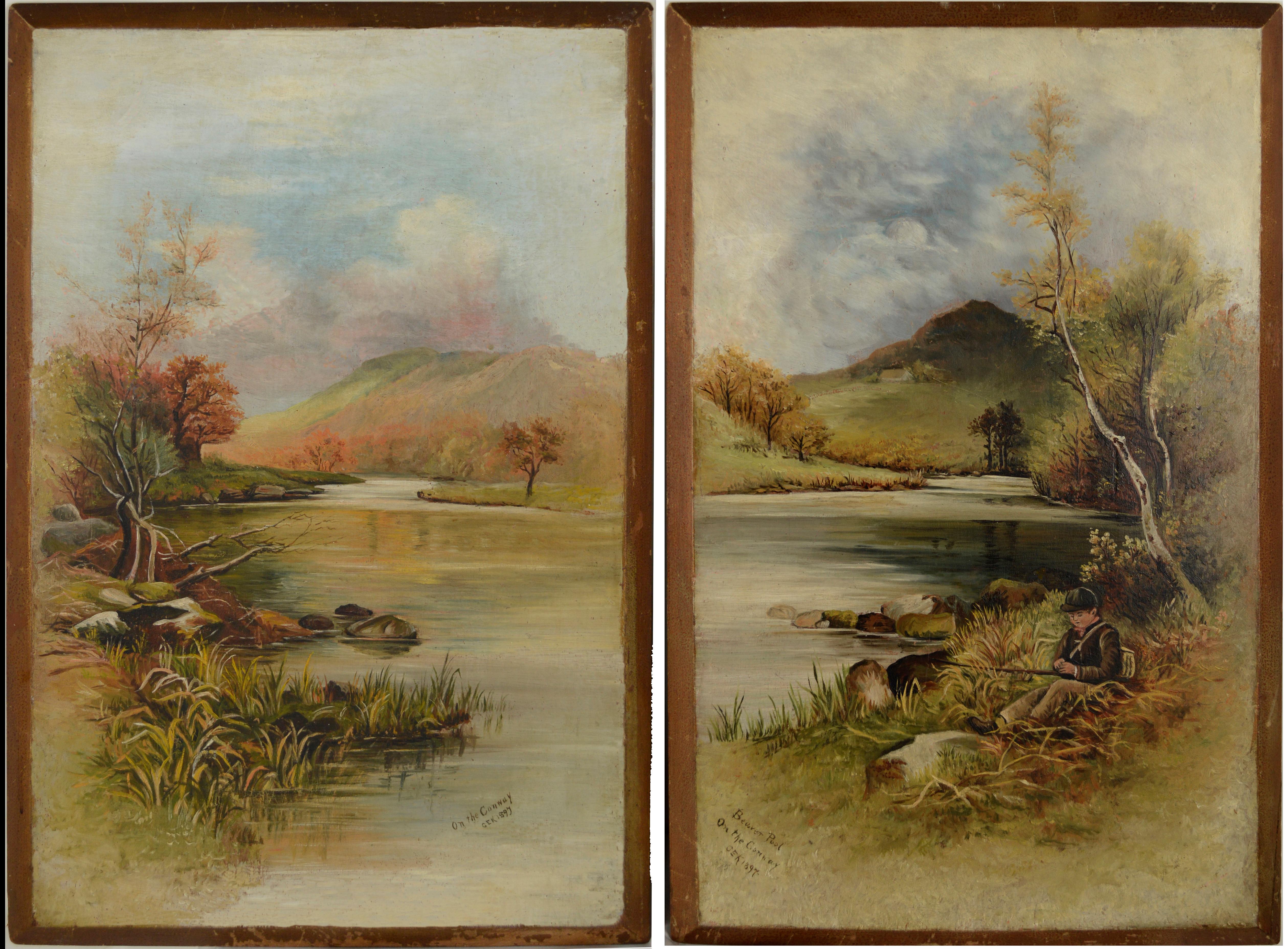 Landscape Painting de GEK - Dos pinturas antiguas de Massachusetts: «Niño pescando en Beaver Pool» - «The Conway», 1897