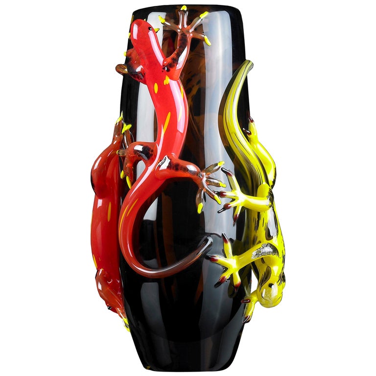 Geko Vase Big, Big Vase in Glass with 4 Gekos, Italy For Sale at 1stDibs