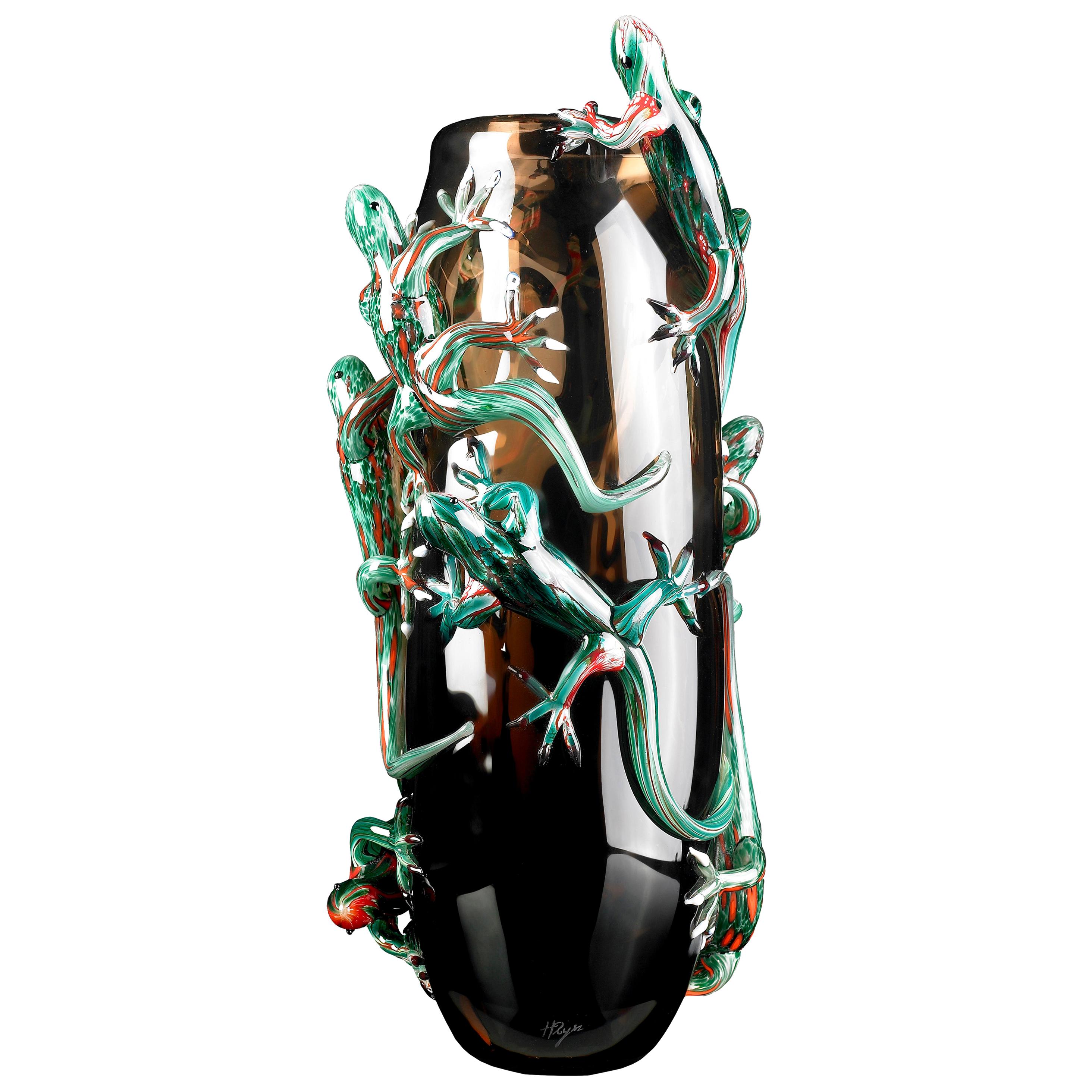 Geko Vase Big, Big Vase in Glass with 8 Gekos, Italy