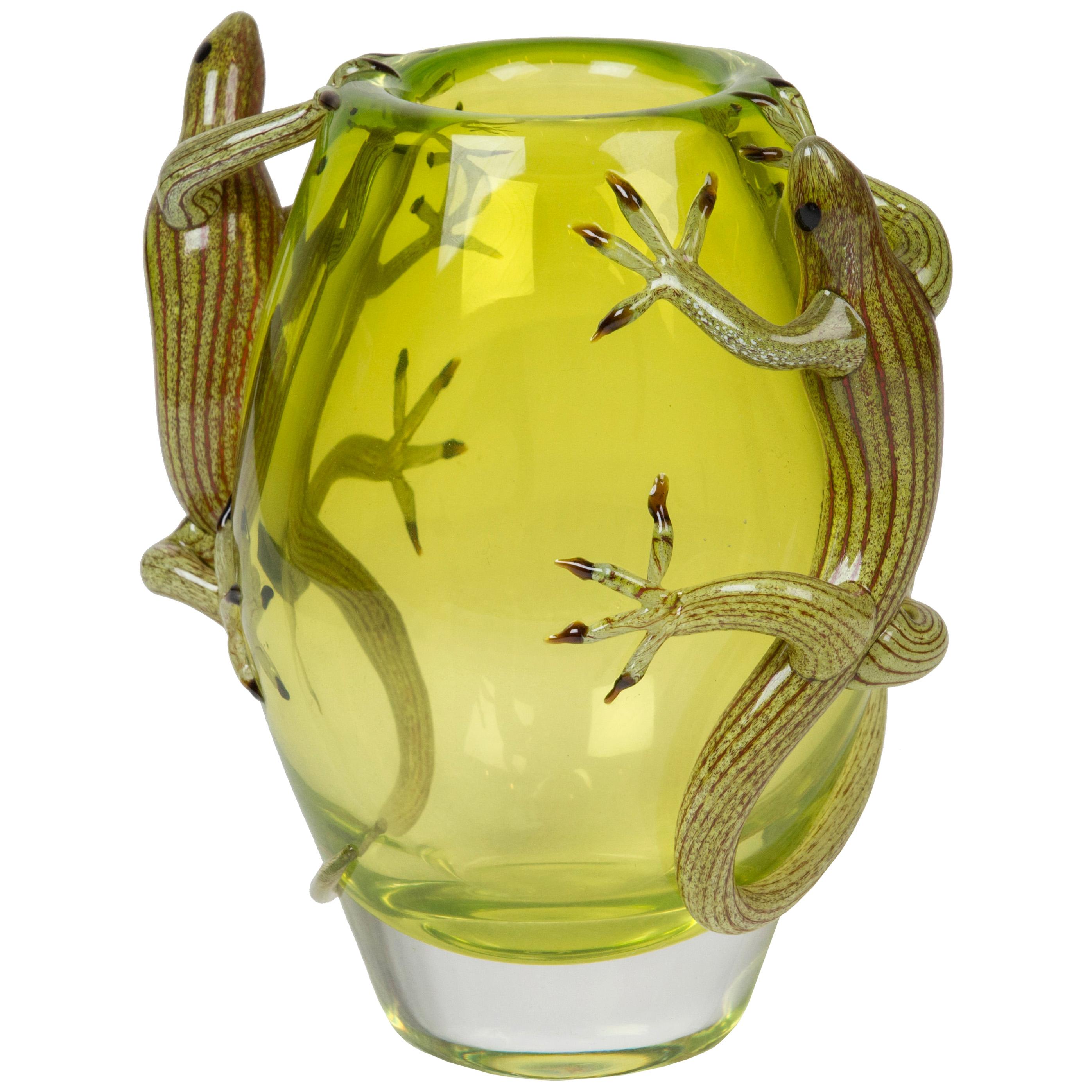 Geko Vase Small, Small Vase in Glass with 2 Gekos, Italy