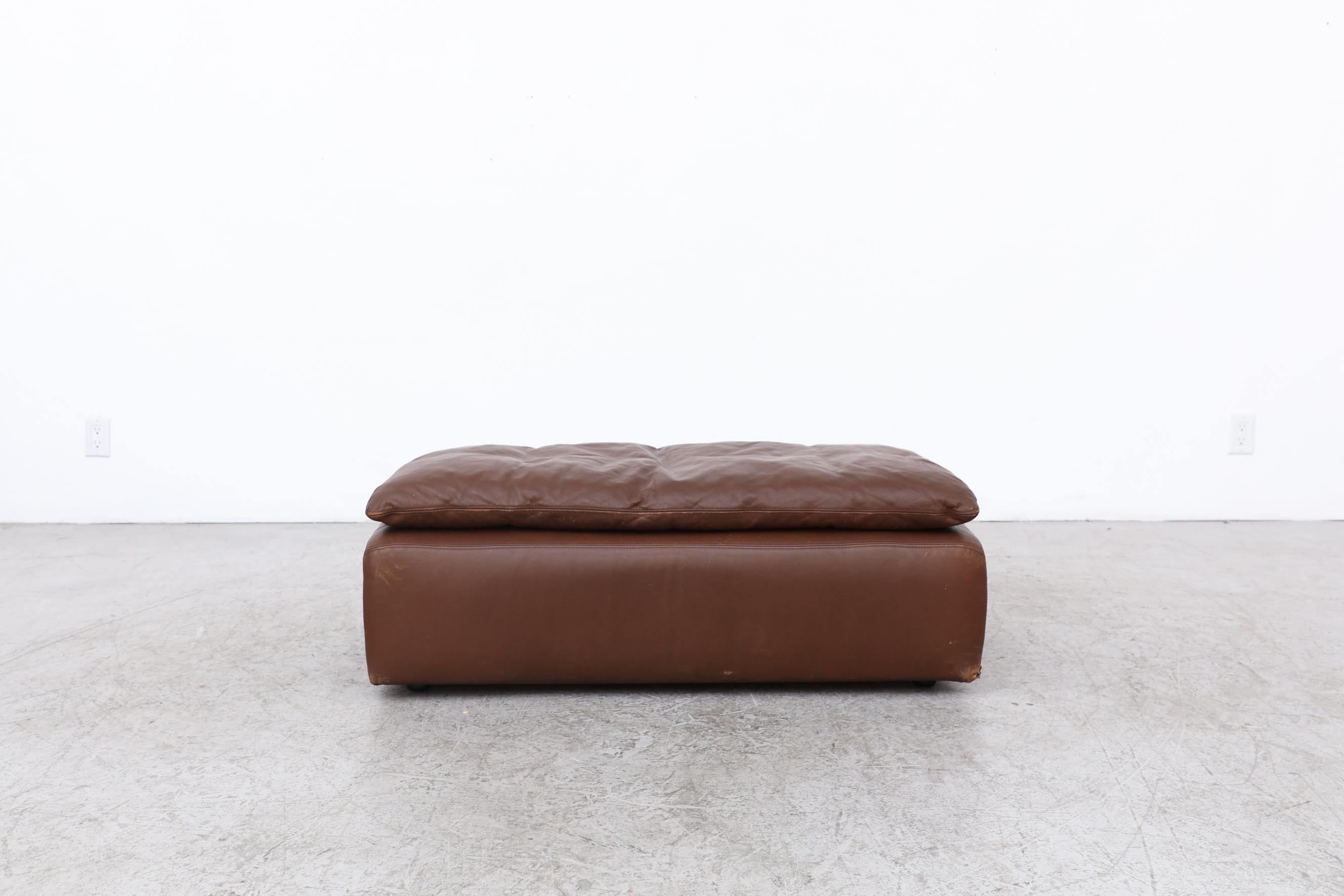 Mid-Century Modern Long Gelderland Brown Leather Ottoman with Top Cushion For Sale