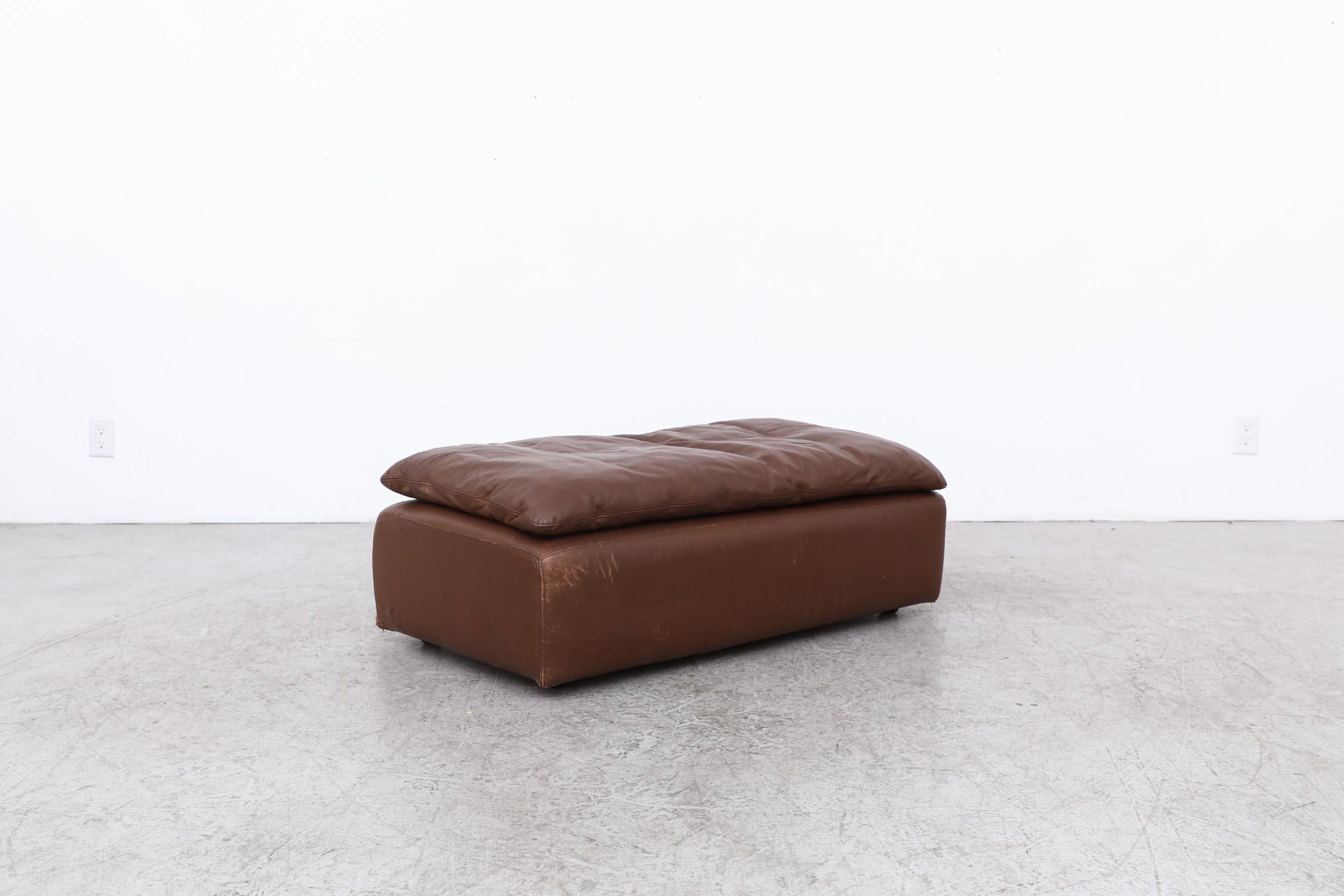 Long Gelderland Brown Leather Ottoman with Top Cushion In Good Condition For Sale In Los Angeles, CA