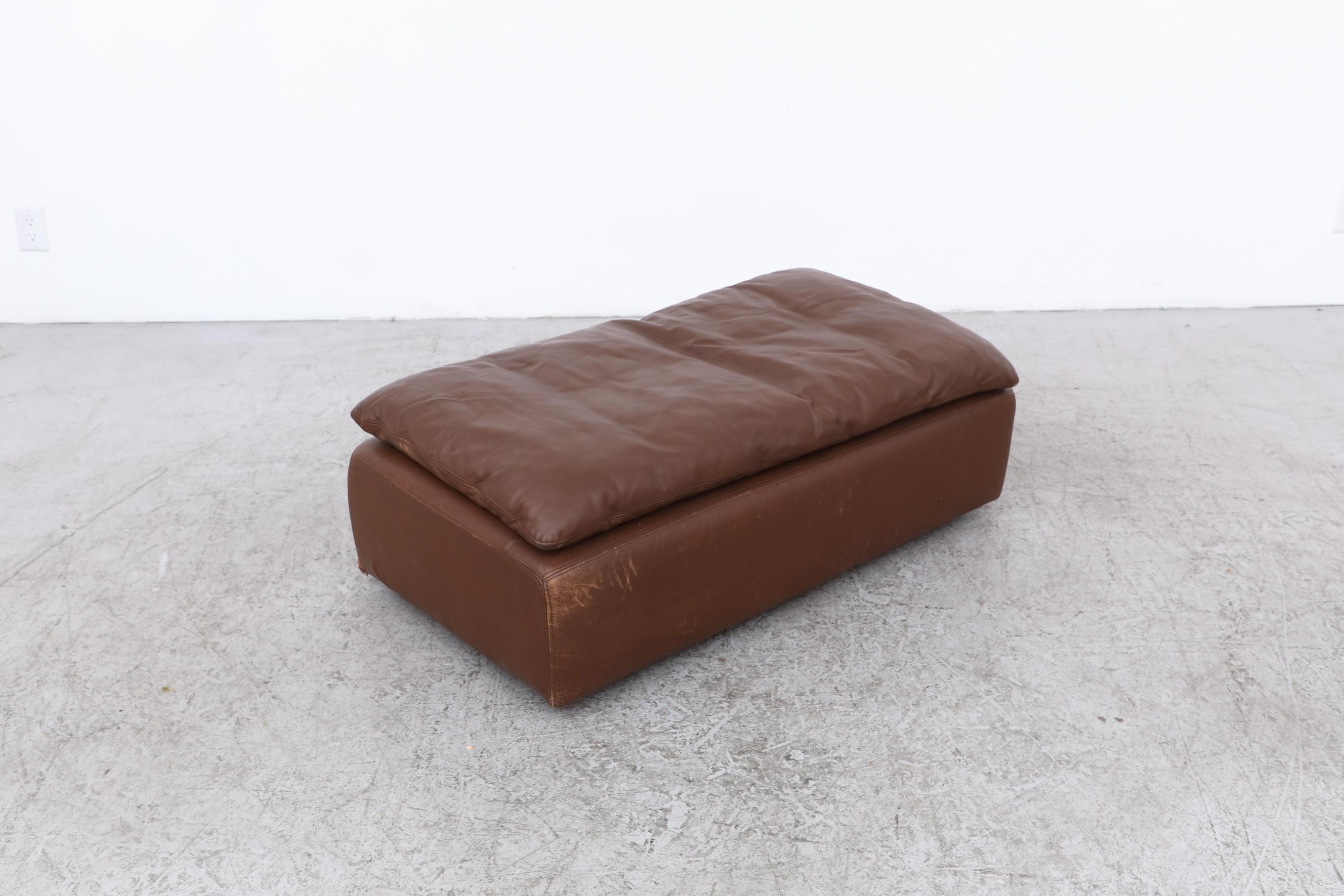 20th Century Long Gelderland Brown Leather Ottoman with Top Cushion For Sale