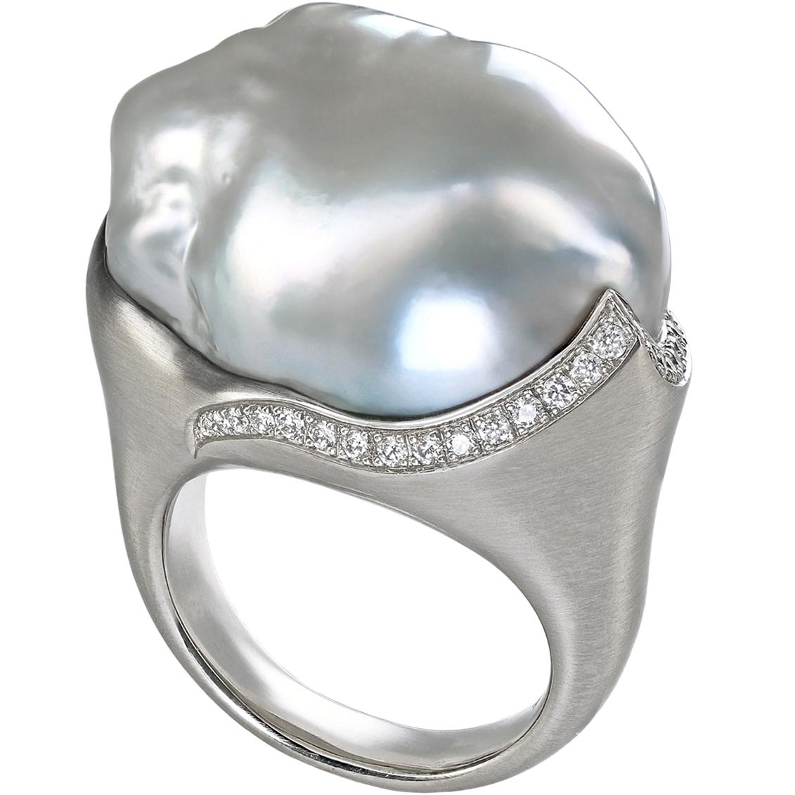 Fine XL Silver South Sea Pearl Diamond One of a Kind Platinum Ring, Gellner