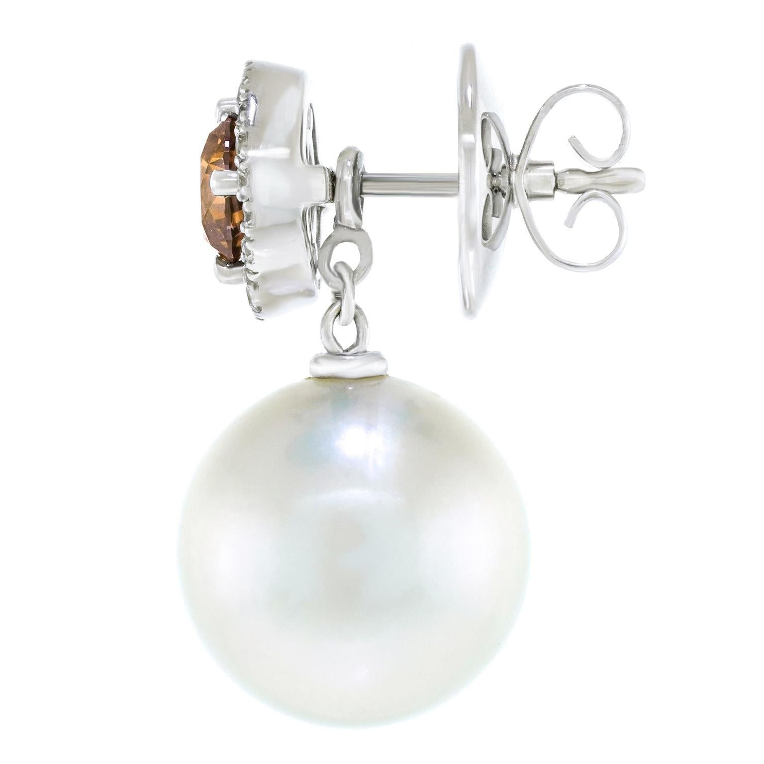 Gellner Fancy Brown Diamond and South Sea Pearl Earrings 18k For Sale 5