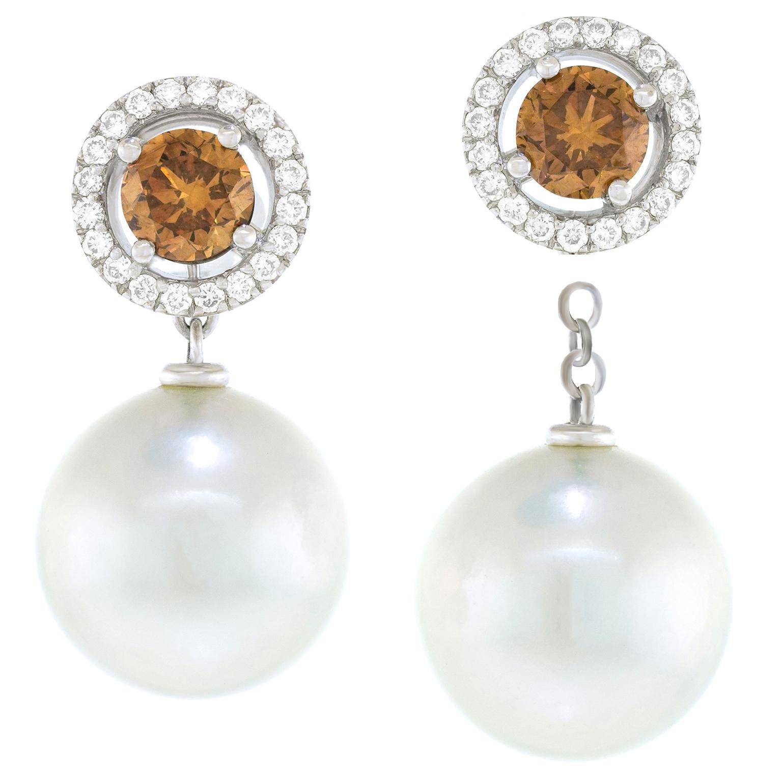 Gellner Fancy Brown Diamond and South Sea Pearl Earrings 18k For Sale 6