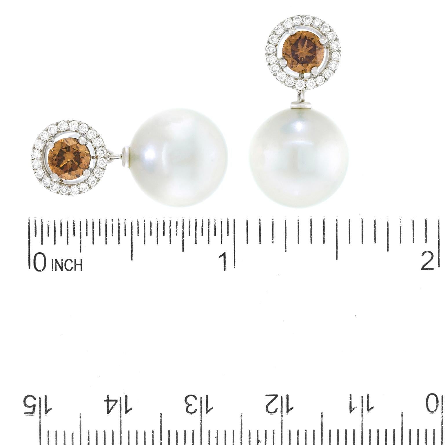Women's or Men's Gellner Fancy Brown Diamond and South Sea Pearl Earrings 18k For Sale