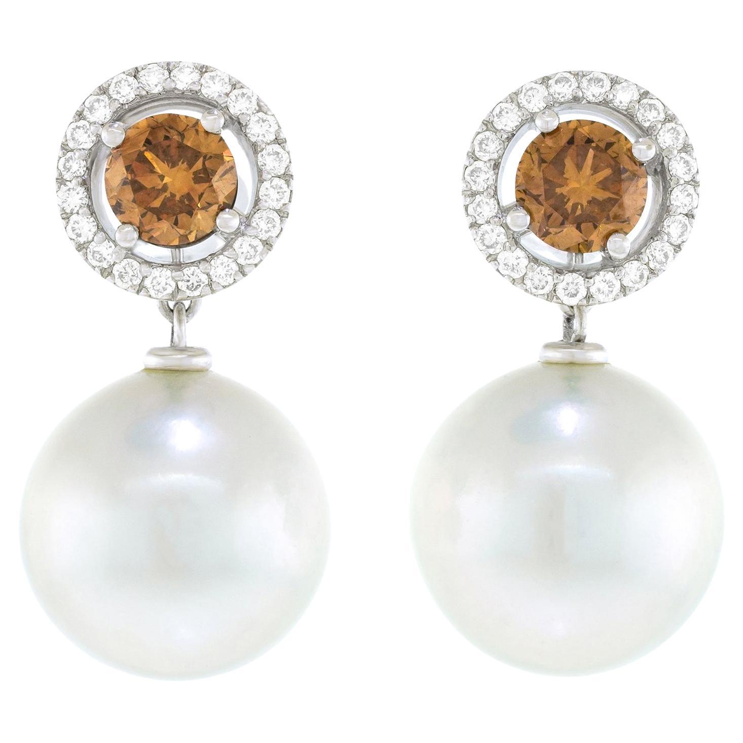 Gellner Fancy Brown Diamond and South Sea Pearl Earrings 18k For Sale