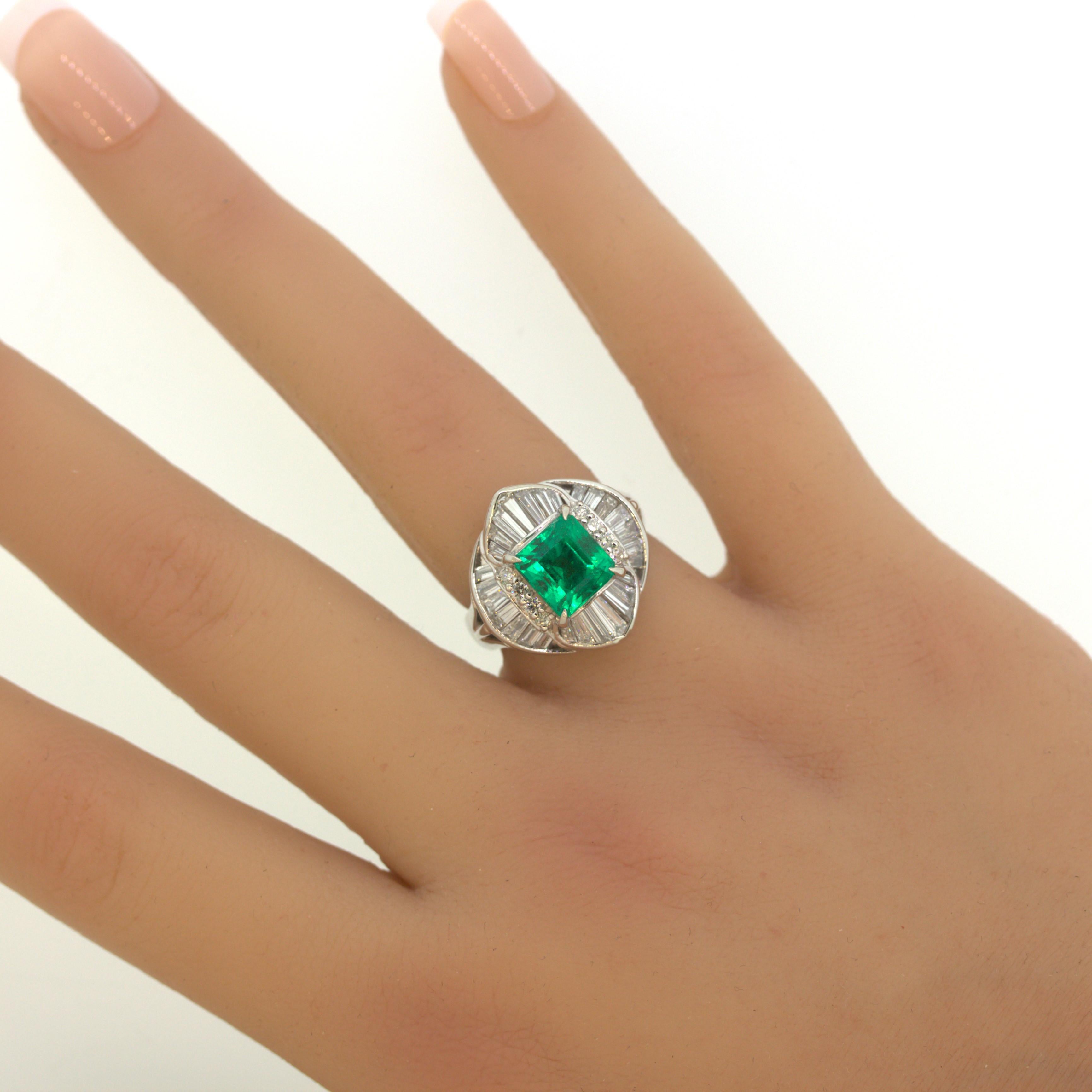 Gem 2.25 Carat Emerald Diamond Platinum Ring For Sale 5