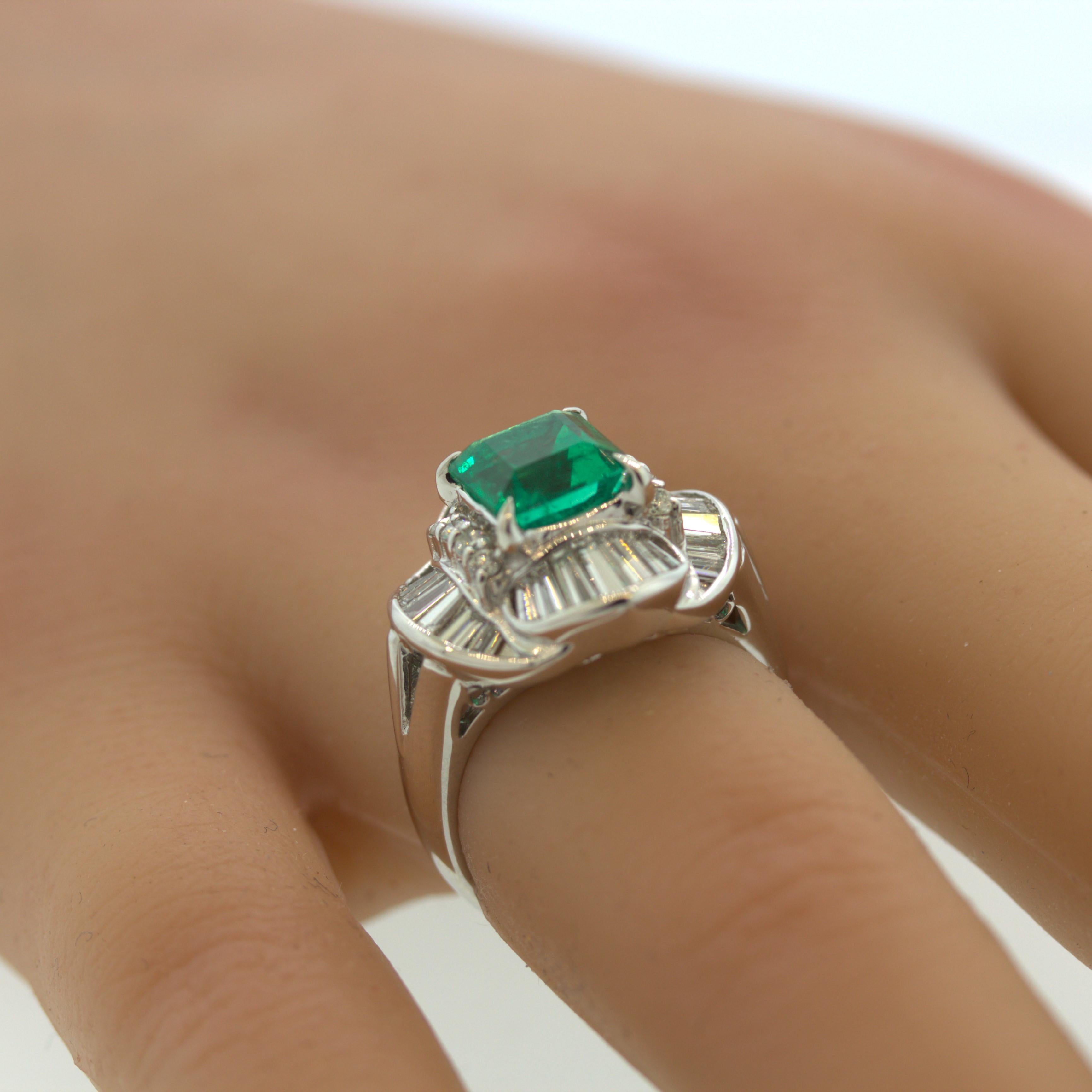 Gem 2.25 Carat Emerald Diamond Platinum Ring For Sale 1
