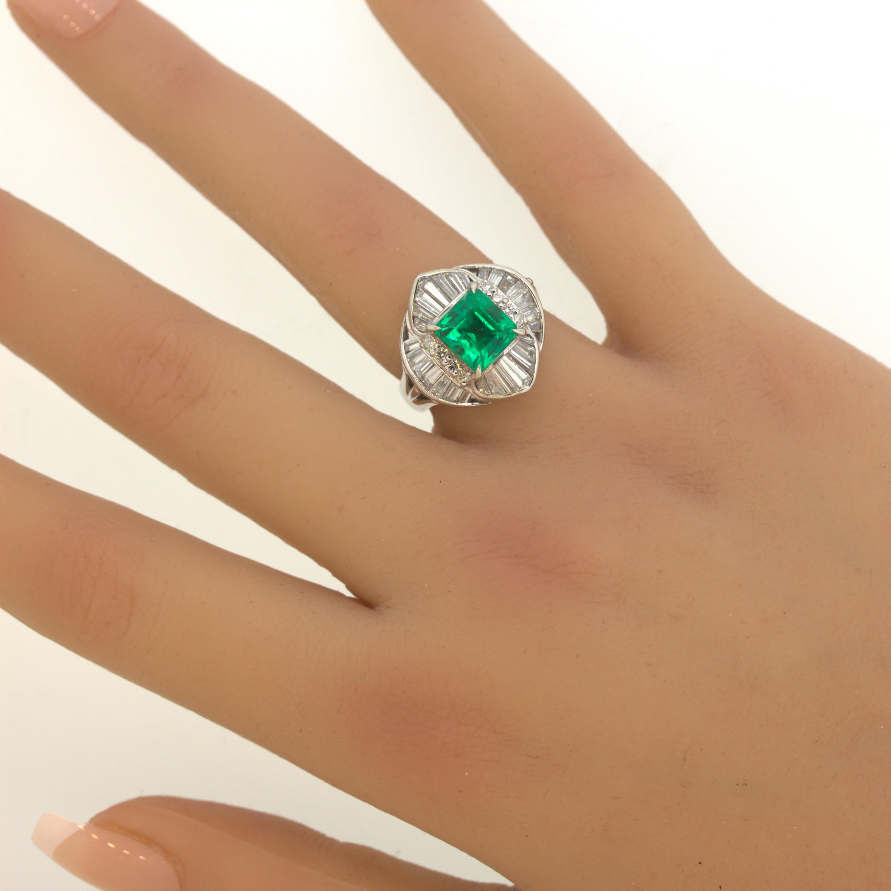 Gem 2.25 Carat Emerald Diamond Platinum Ring For Sale 4