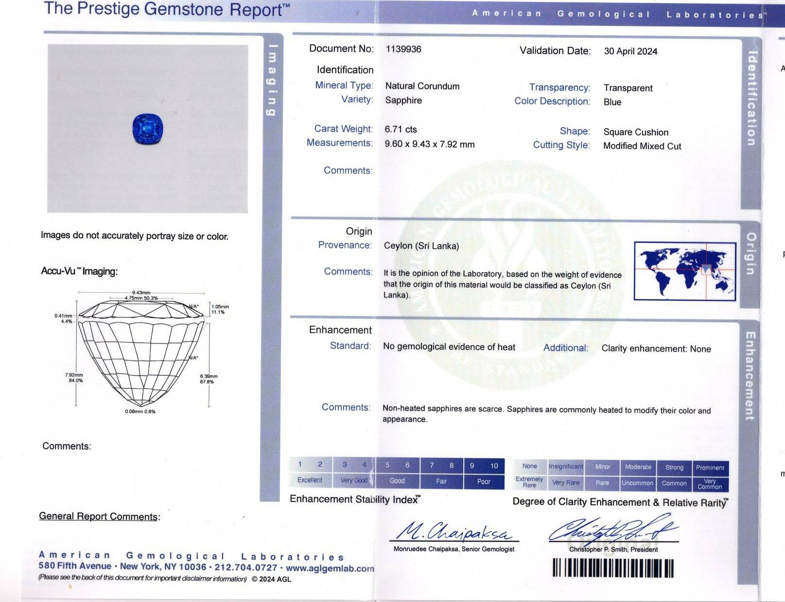 Gemma 6,71 Sri Lanka Senza calore Zaffiro Diamante Anello di platino In condizioni Nuovo in vendita a New York, NY