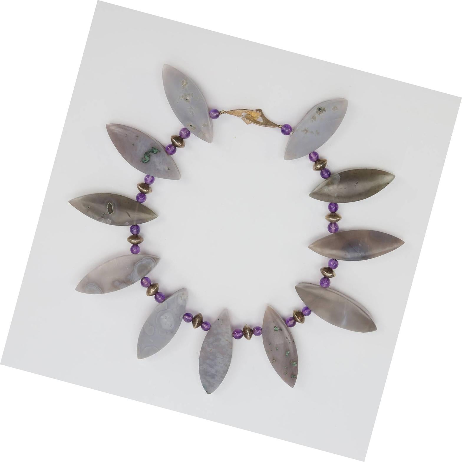 Contemporary Gem Amethyst Marquise Navette Shaped Druzy Silver Necklace For Sale